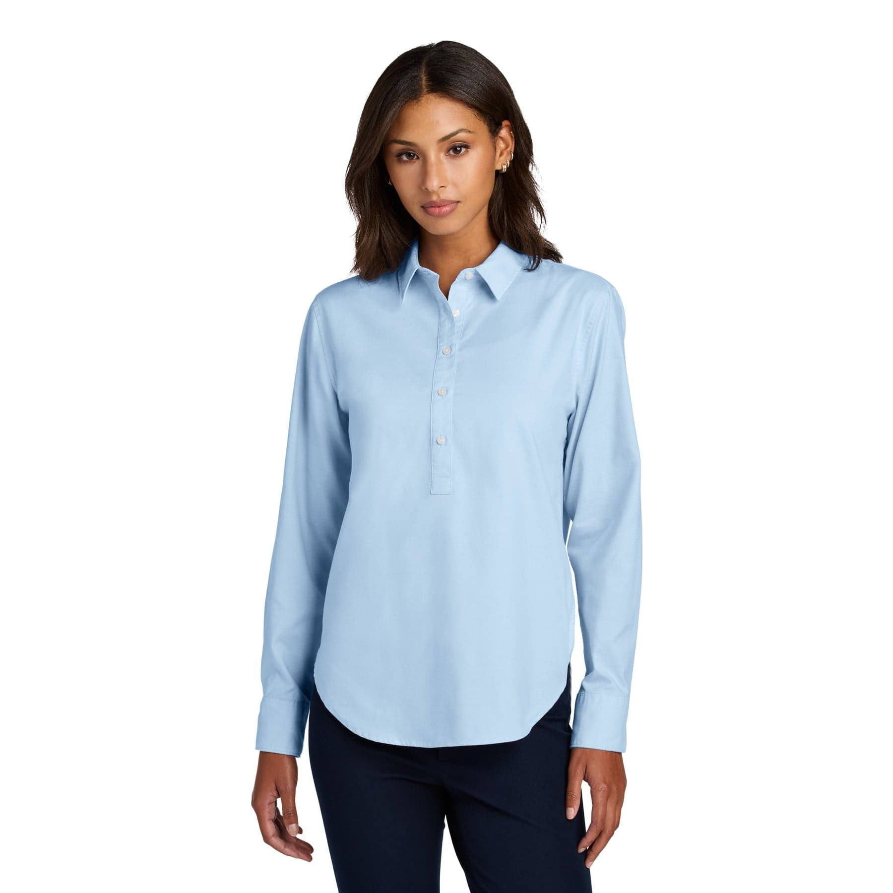 Plain light blue women's long sleeve modern oxford shirt, front view