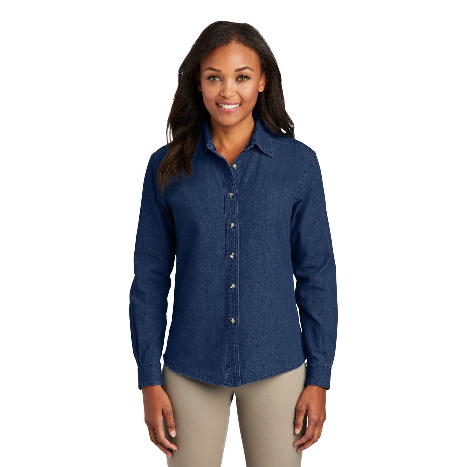 Plain ink blue women's long sleeve value denim shirt, front view