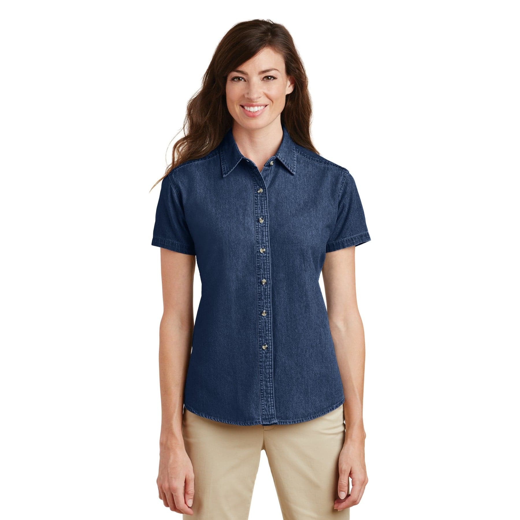 Plain faded blue women's short sleeve value denim shirt, front view