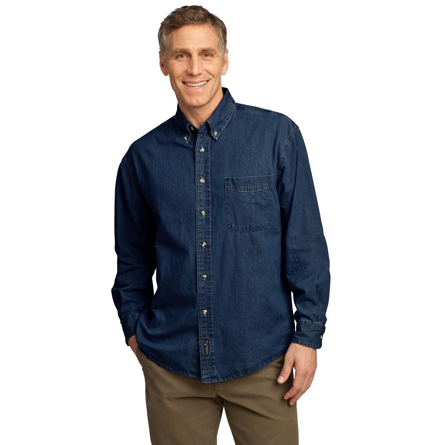 Plain ink blue long sleeve value denim shirt, front view