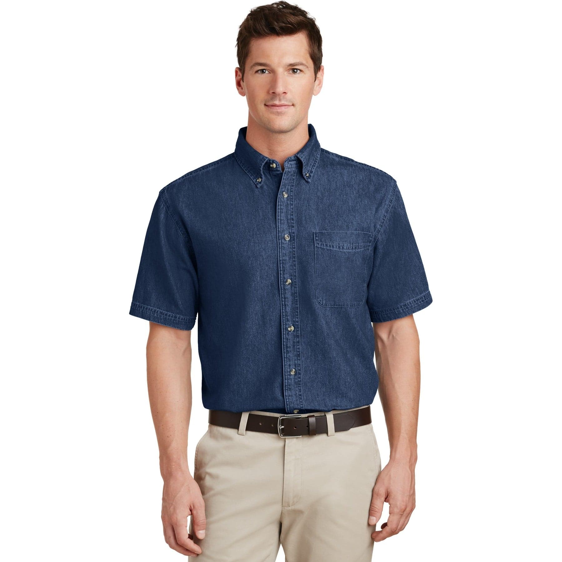 Plain faded blue short sleeve value denim shirt, front view