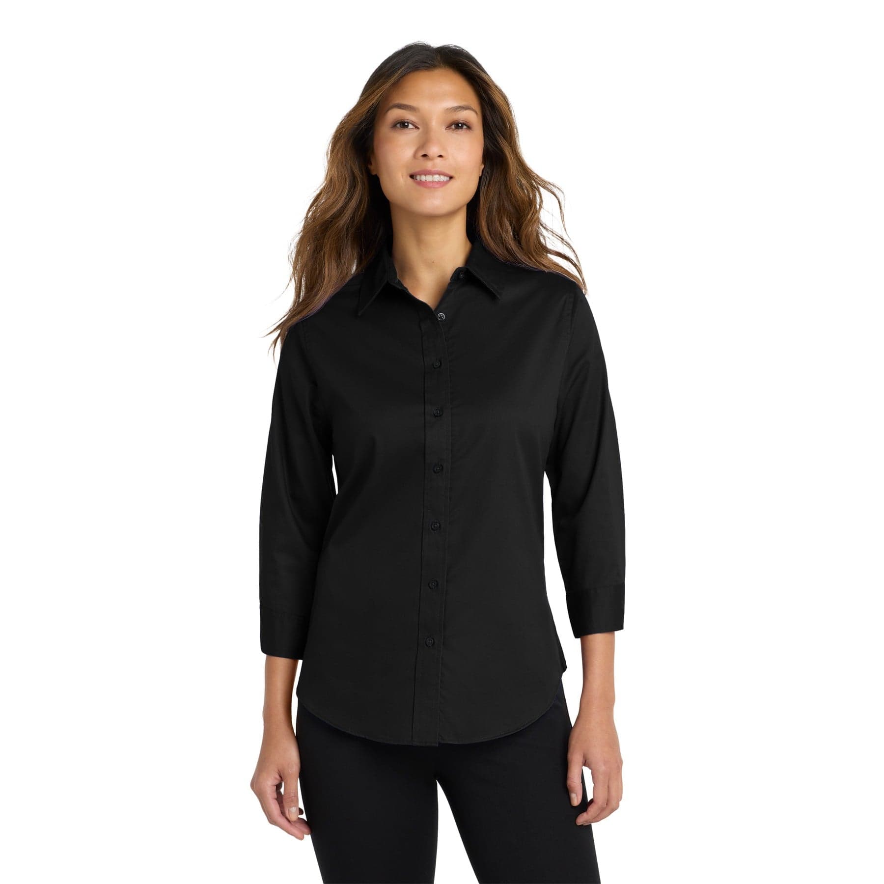 Plain black women's 3/4-sleeve easy care shirt, front view