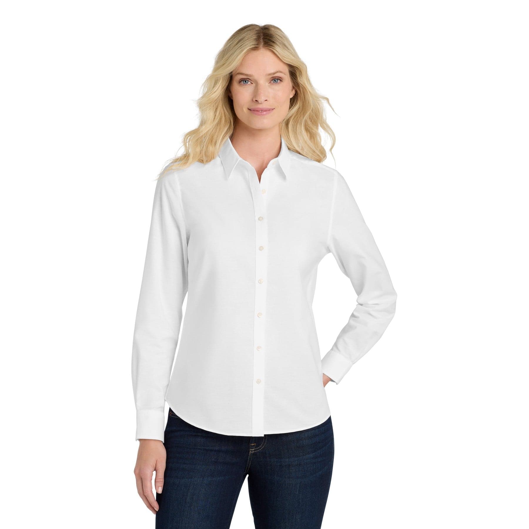 Plain black women's superpro oxford shirt, front view