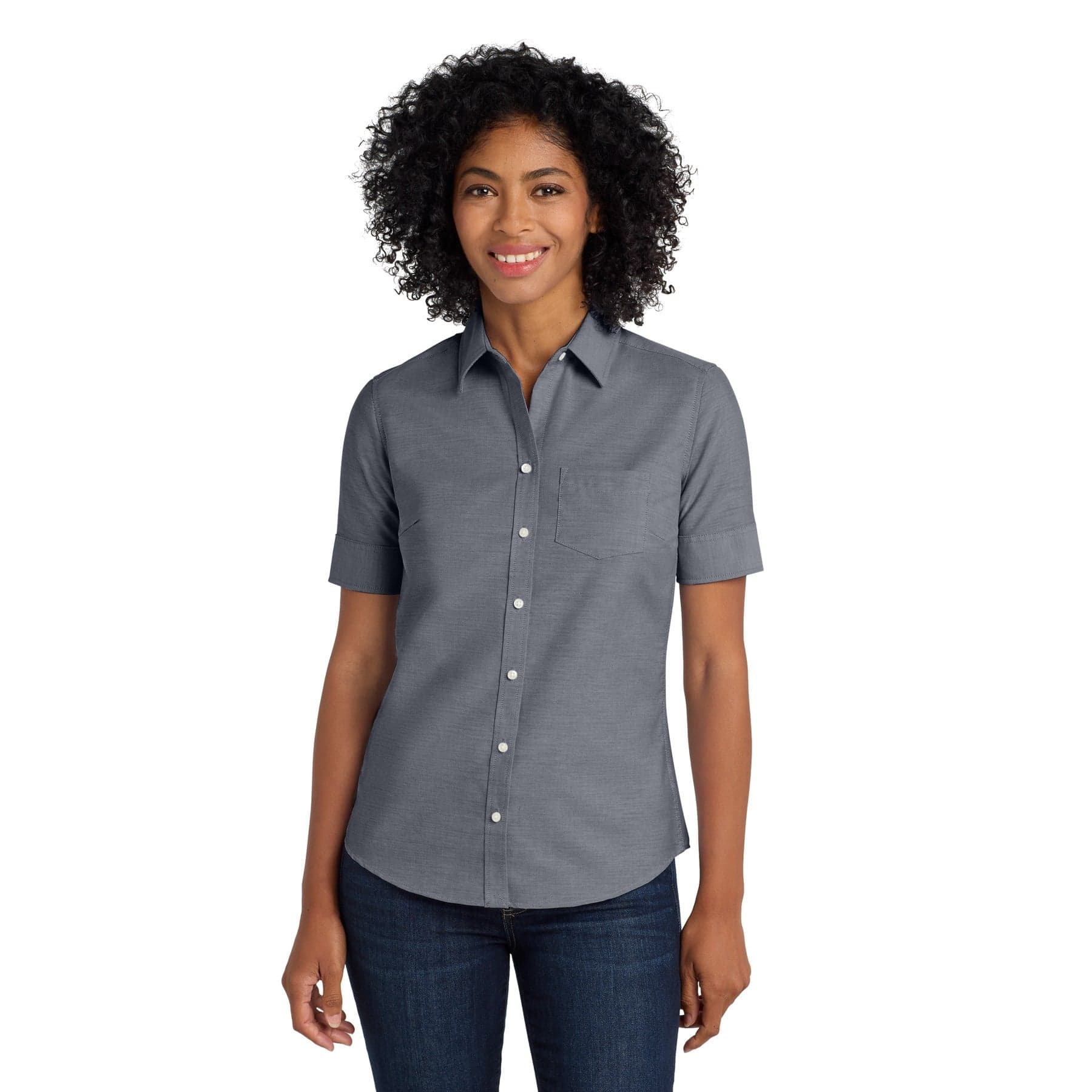 Plain black women's short sleeve superpro oxford shirt, front view