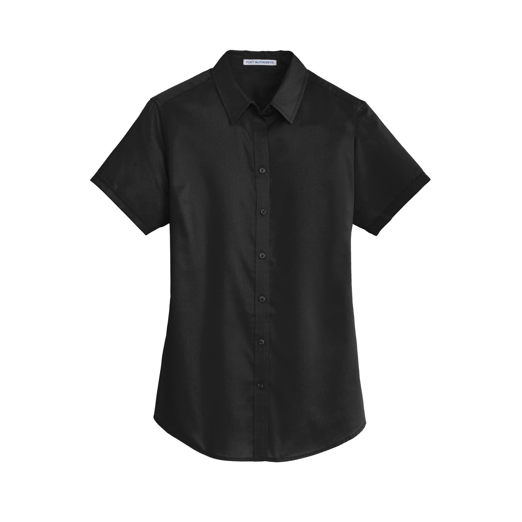 Plain black women's short sleeve superpro twill shirt, front view