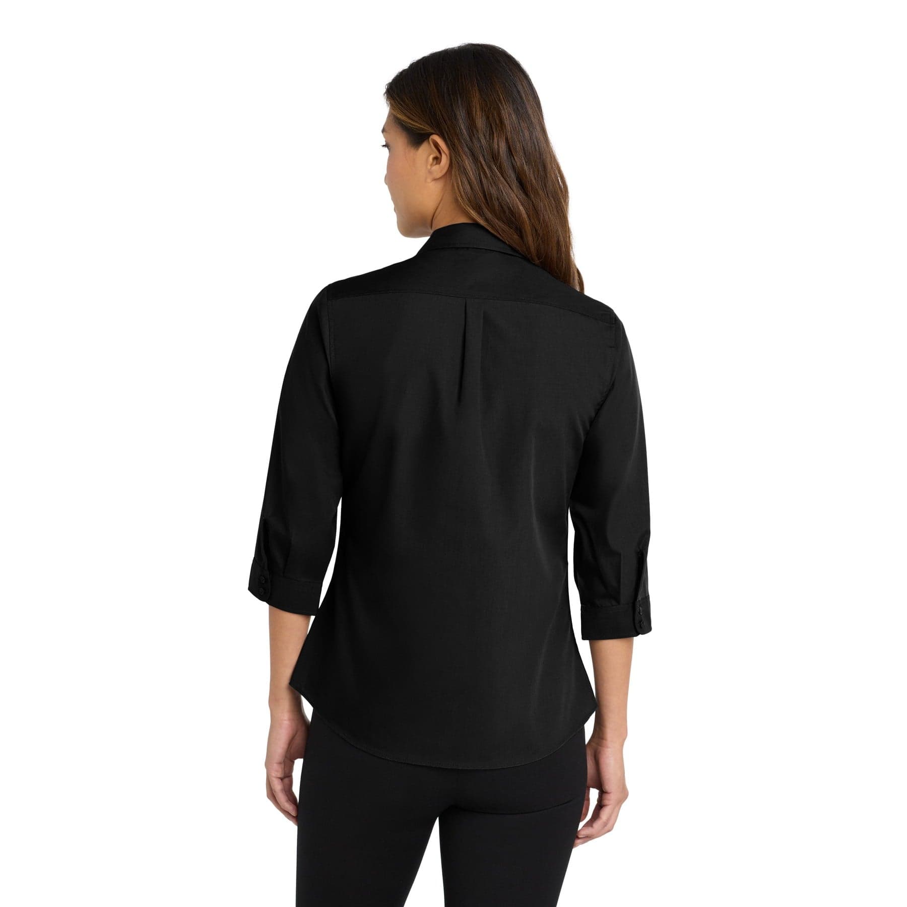 Plain deep black women's 3/4-sleeve carefree poplin shirt, front view