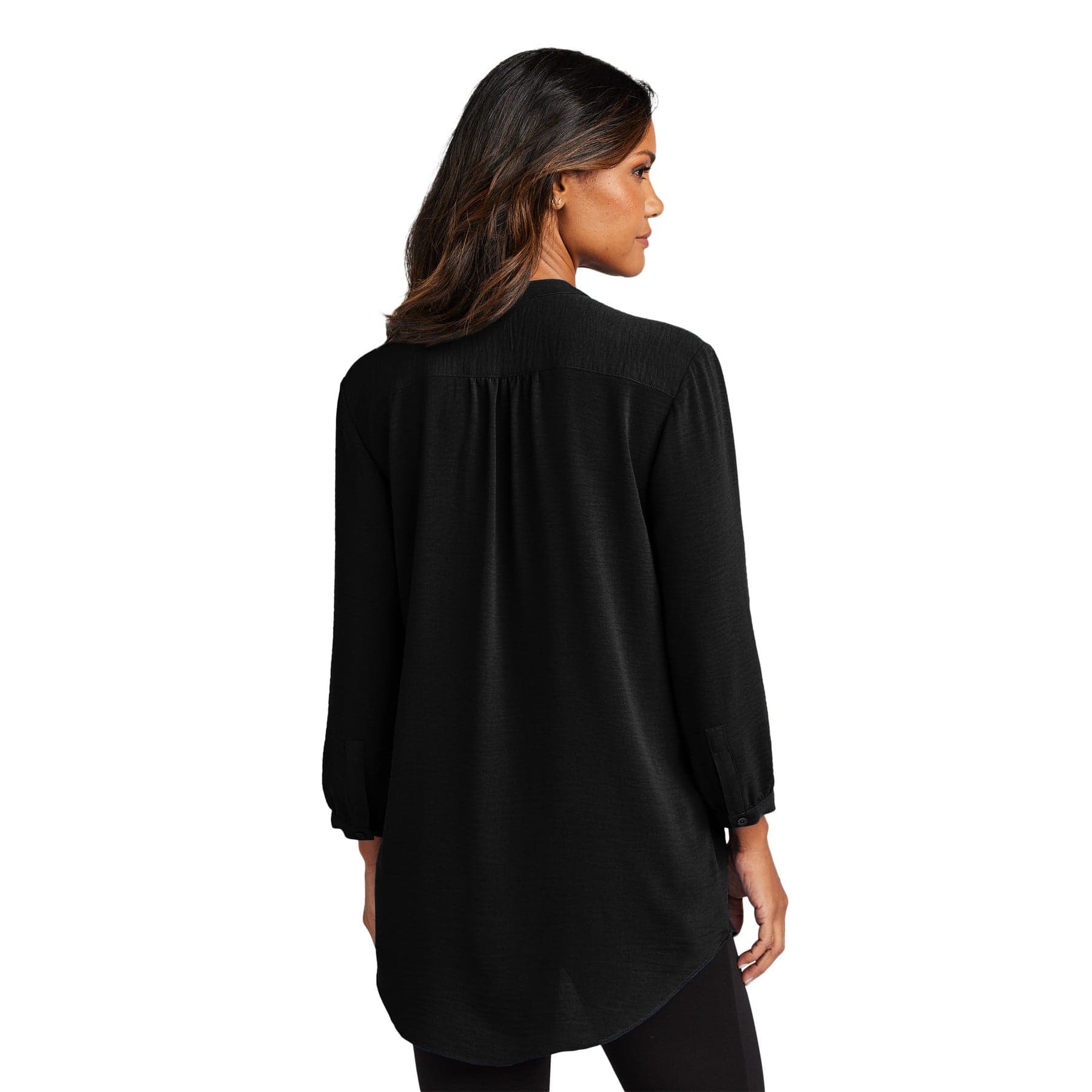 Plain deep black women's 3/4-sleeve textured crepe tunic, front view