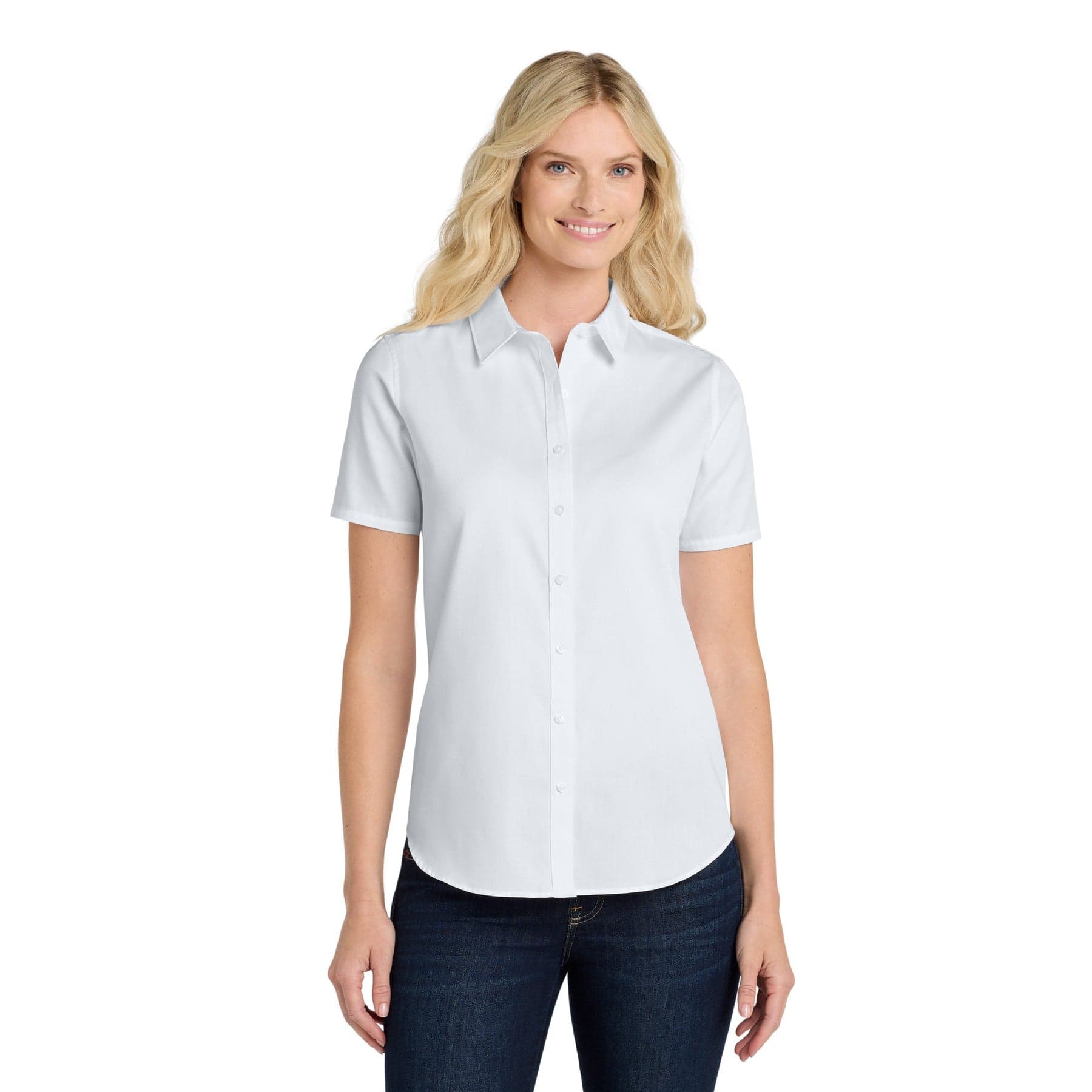 Plain gusty grey women's short sleeve superpro react twill shirt, front view