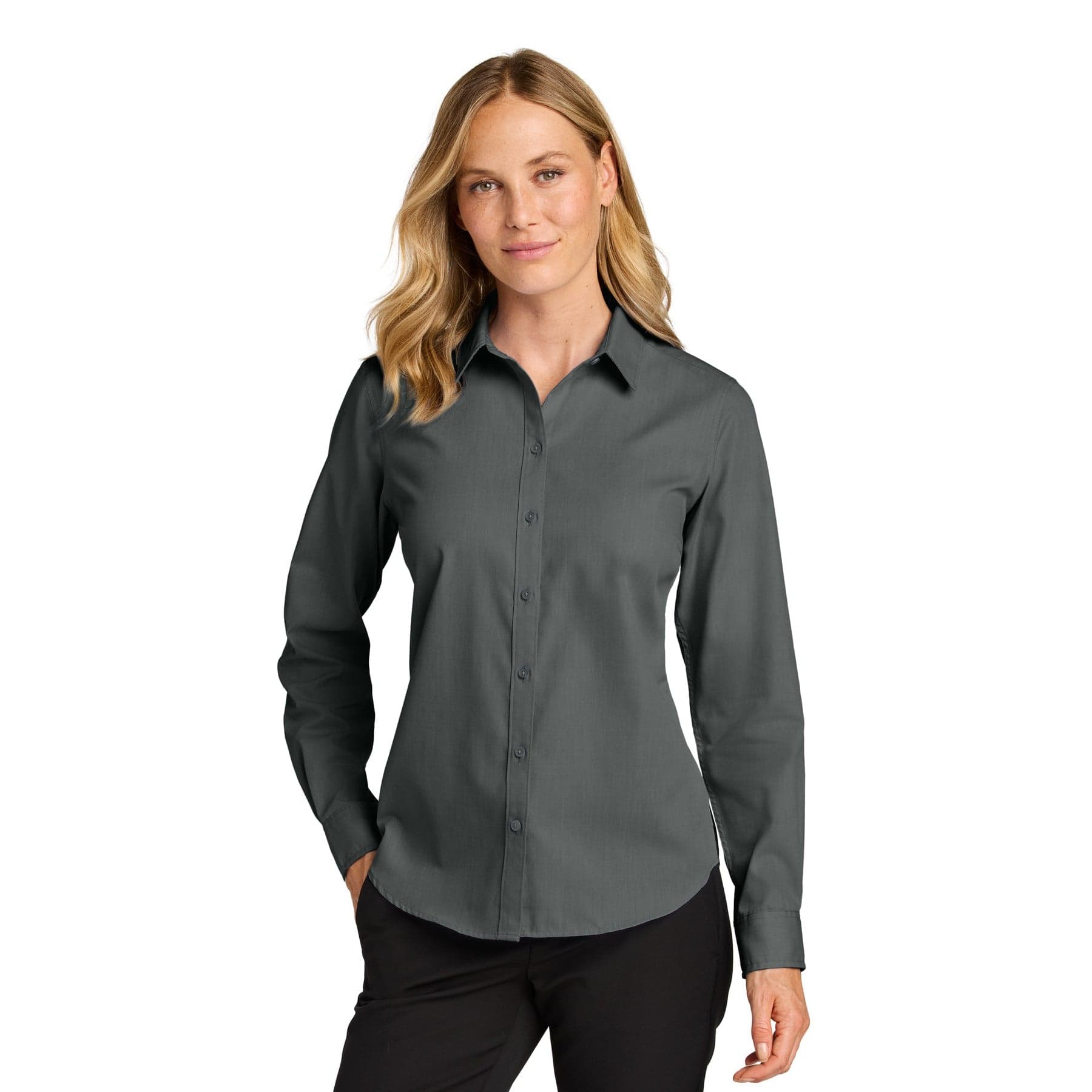 Plain deep black women's long sleeve nailhead easy care shirt, front view