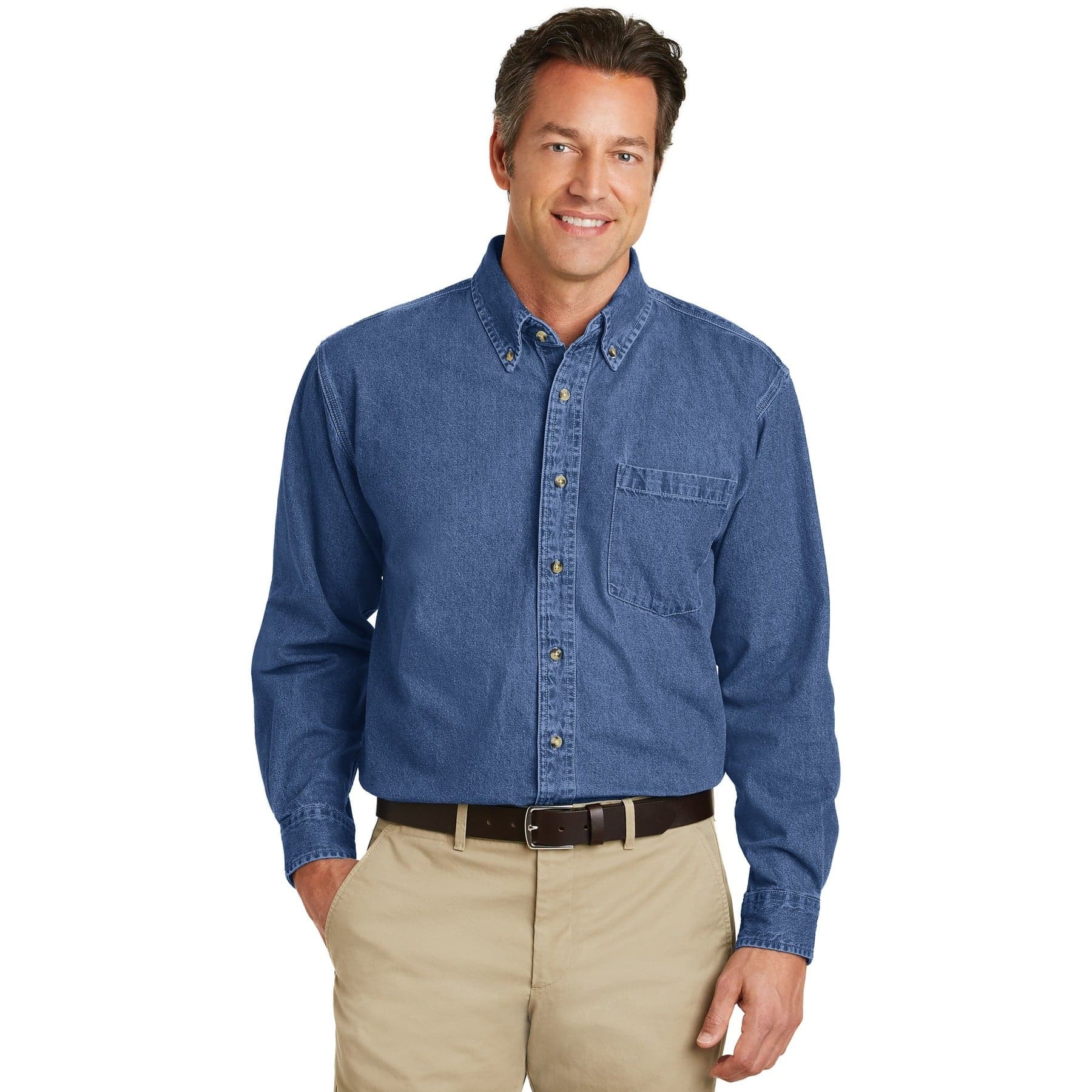 Plain dark blue stonewashed heavyweight denim shirt, front view