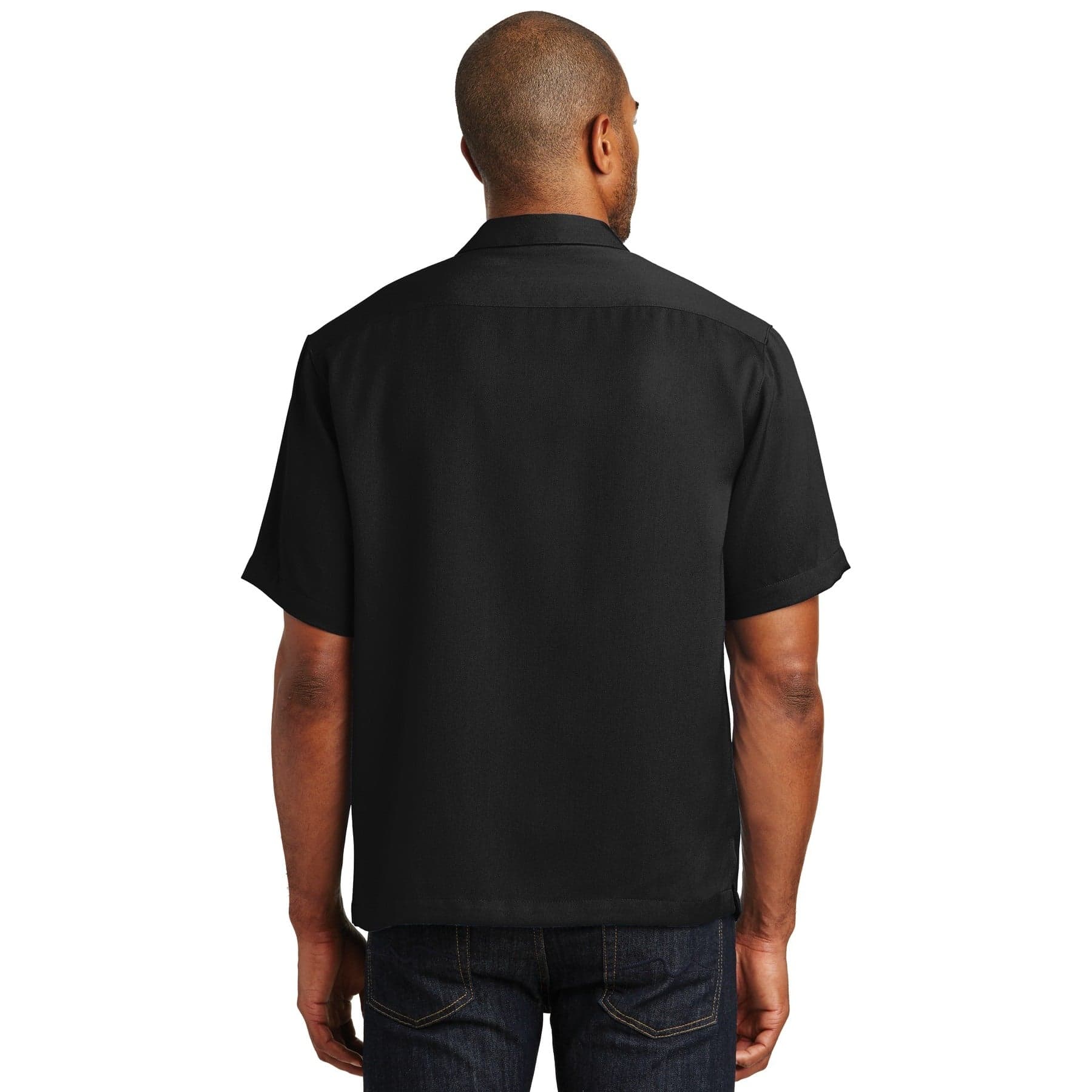 Plain black easy care camp shirt, front view