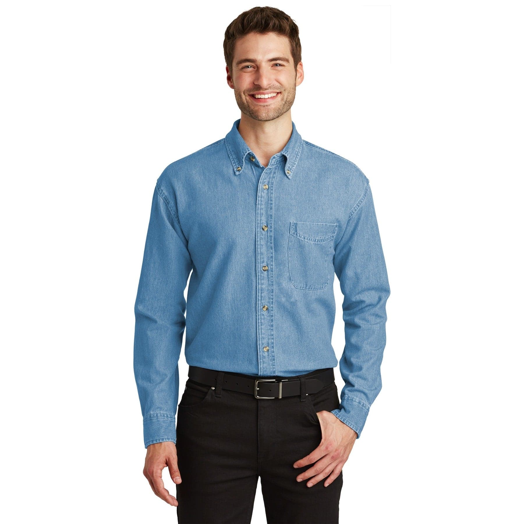 Plain faded denim long sleeve denim shirt, front view