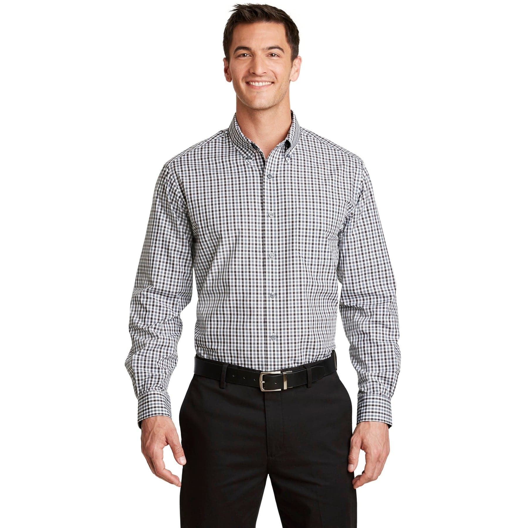 Plain black/ charcoal long sleeve gingham easy care shirt, front view