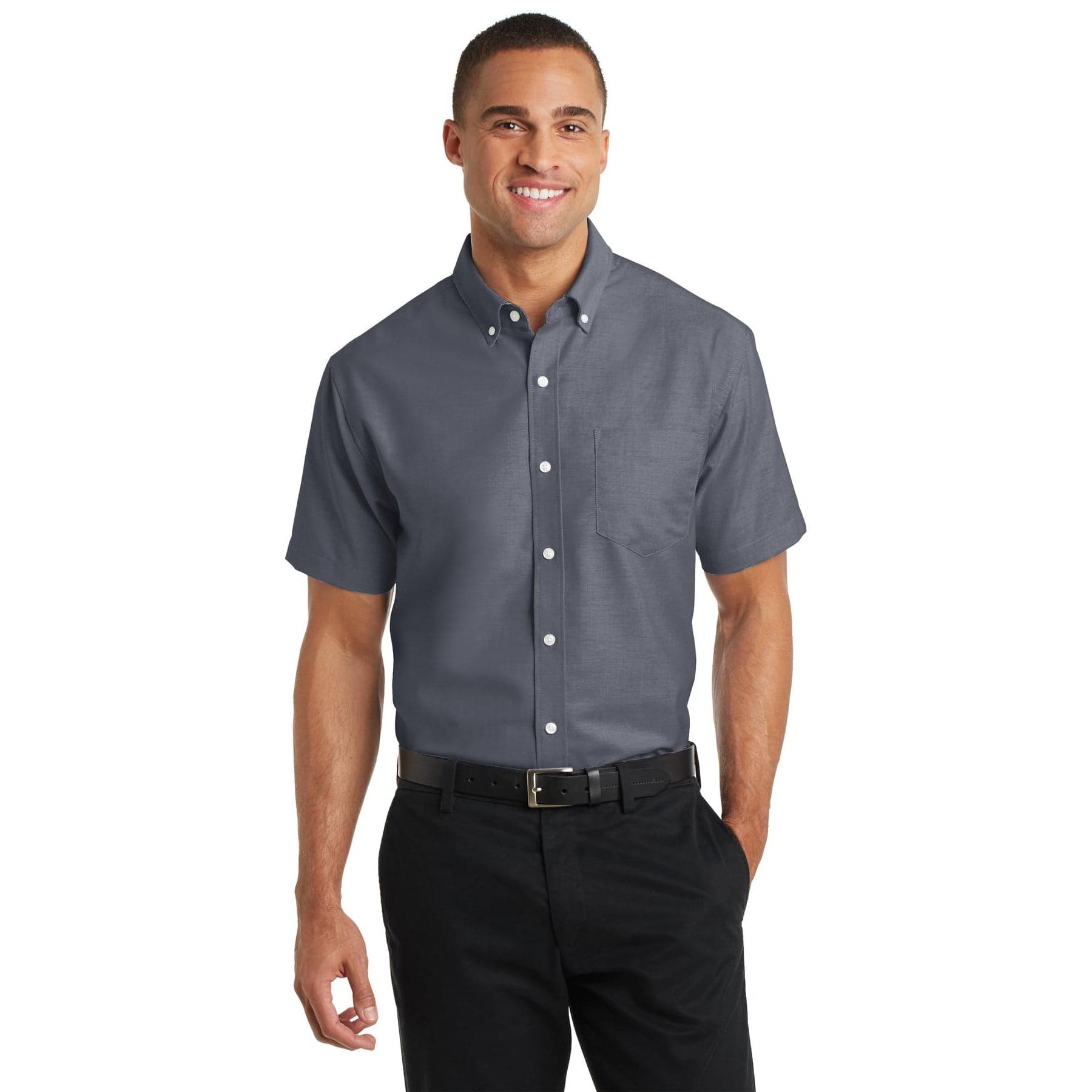 Plain black short sleeve superpro oxford shirt, front view
