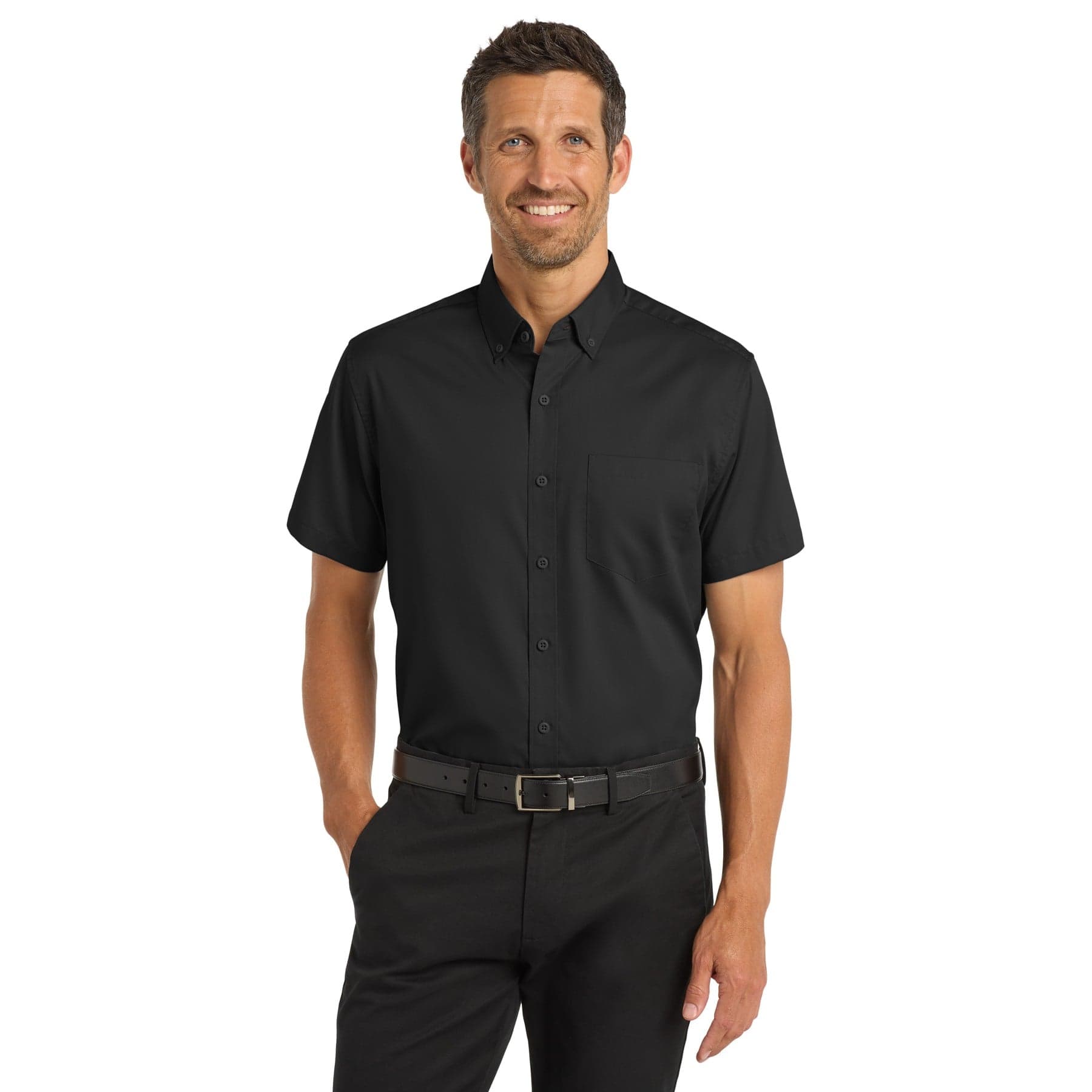 Plain true navy short sleeve superpro twill shirt, front view