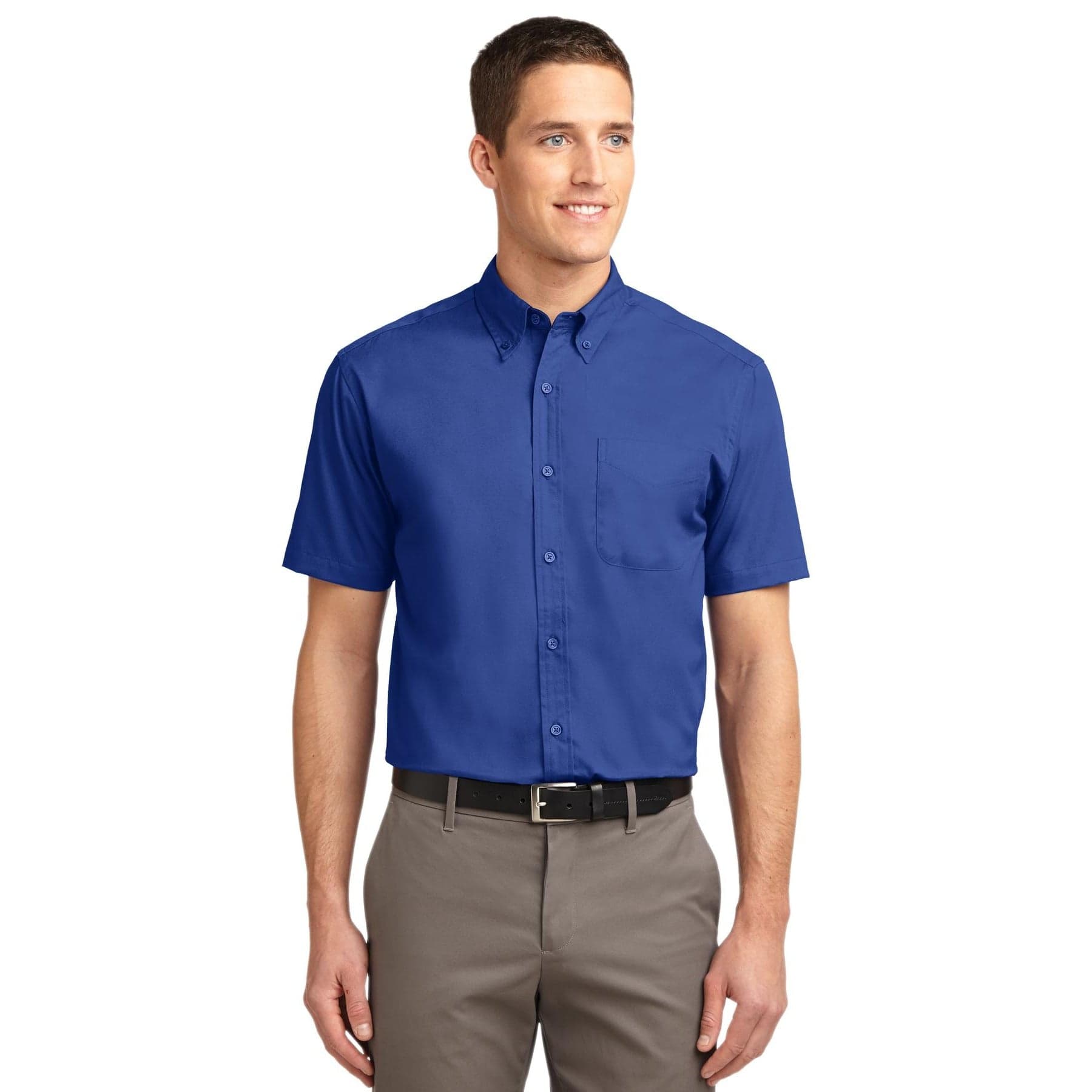 Plain strong blue tall short sleeve easy care shirt, front view