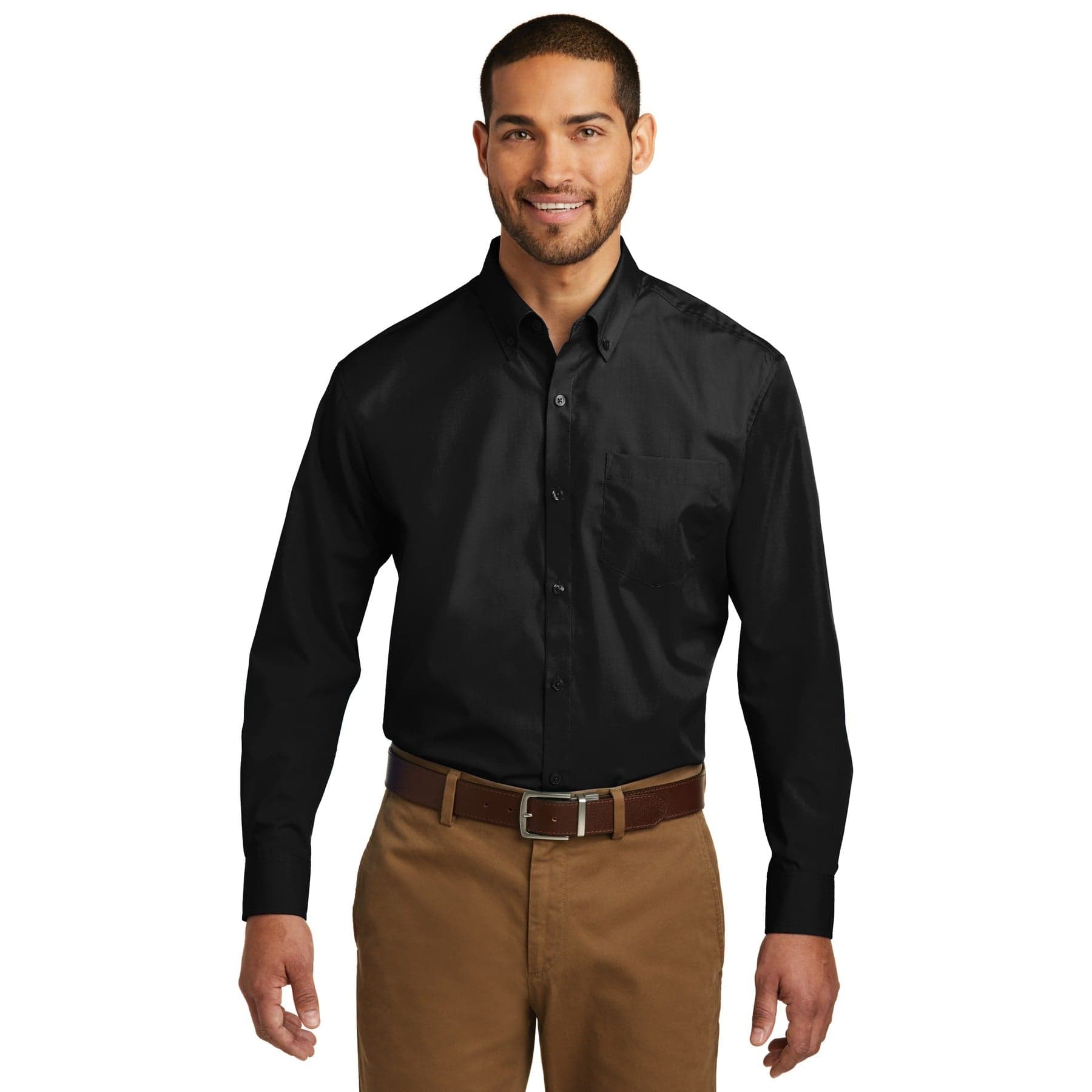 Plain deep black tall long sleeve carefree poplin shirt, front view