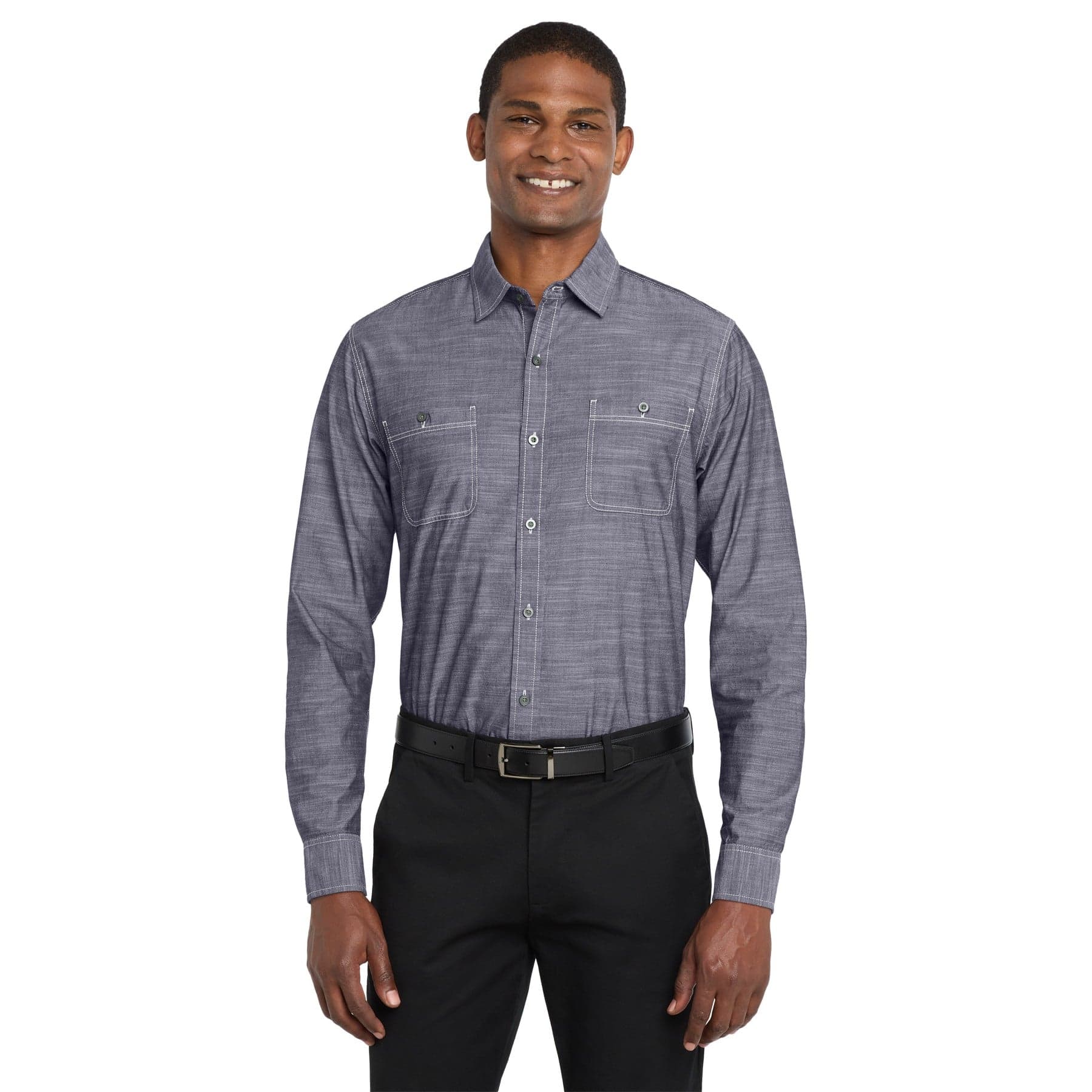 Plain true navy slub chambray shirt, front view