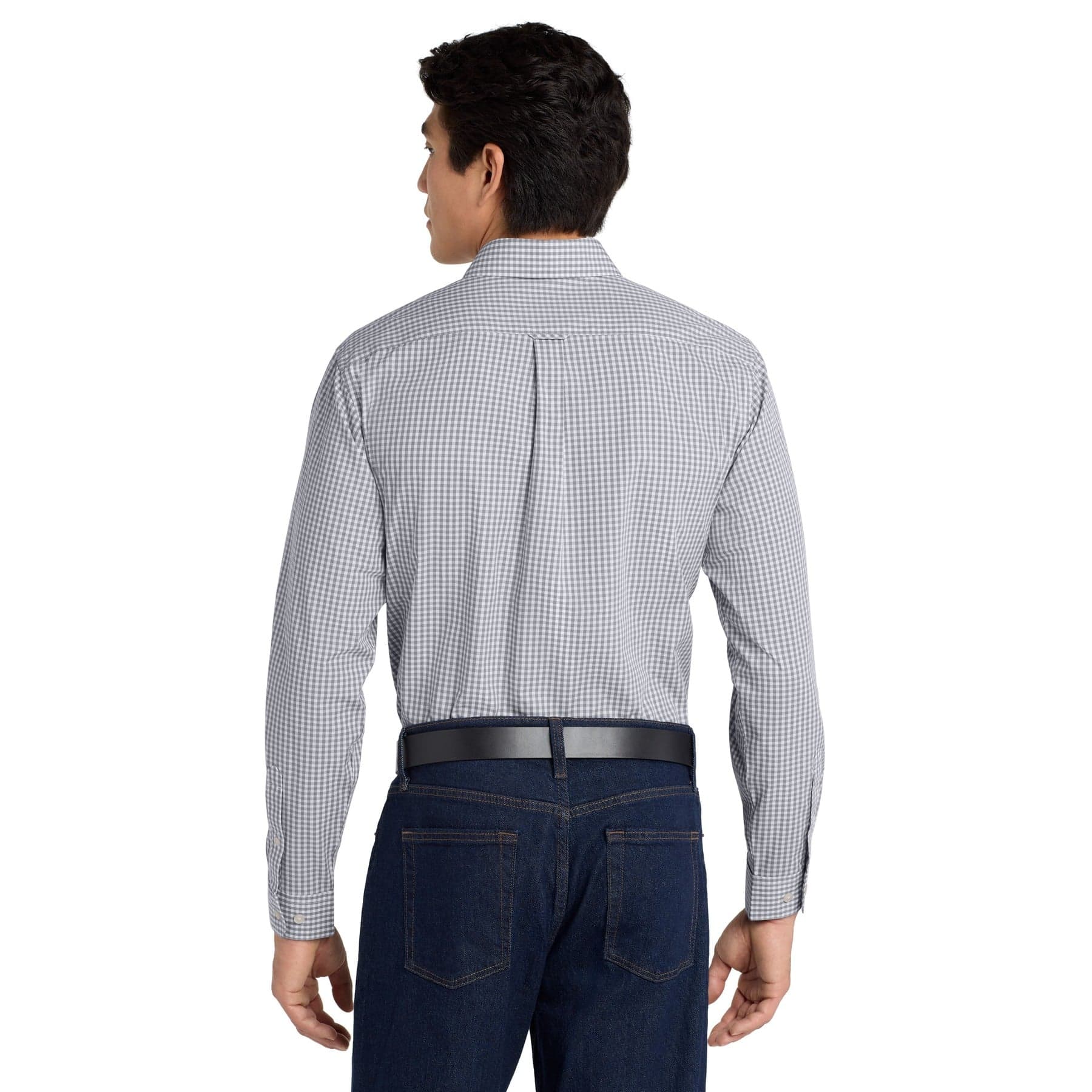 Plain black/ white broadcloth gingham easy care shirt, front view