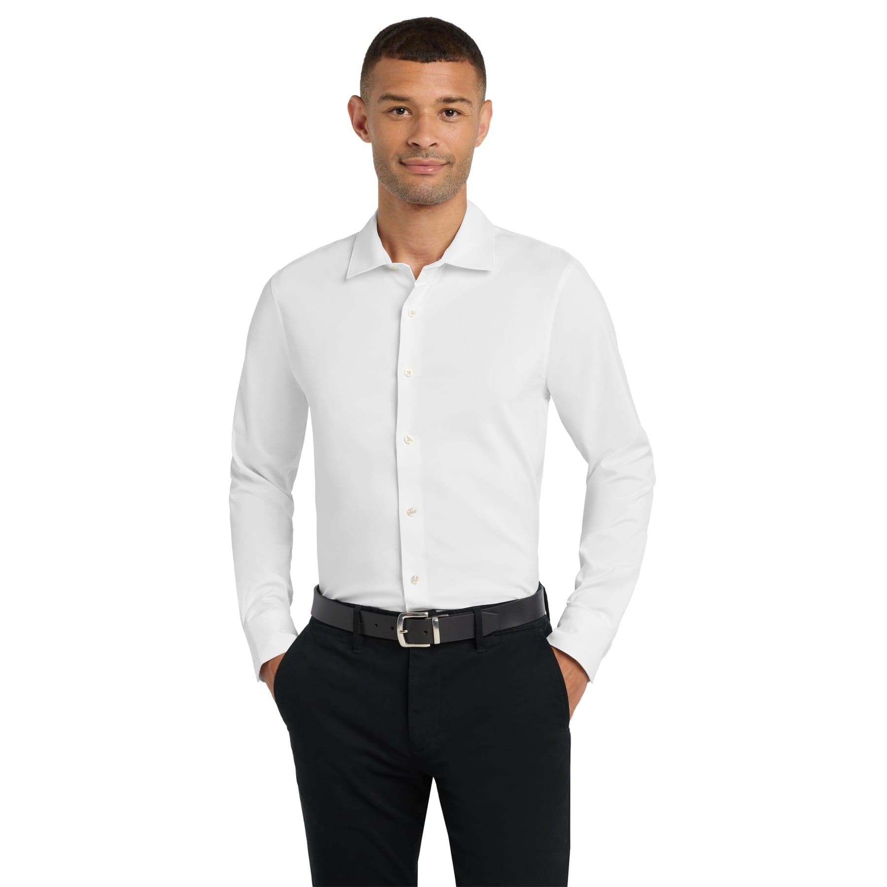 Plain river blue navy city stretch shirt, front view