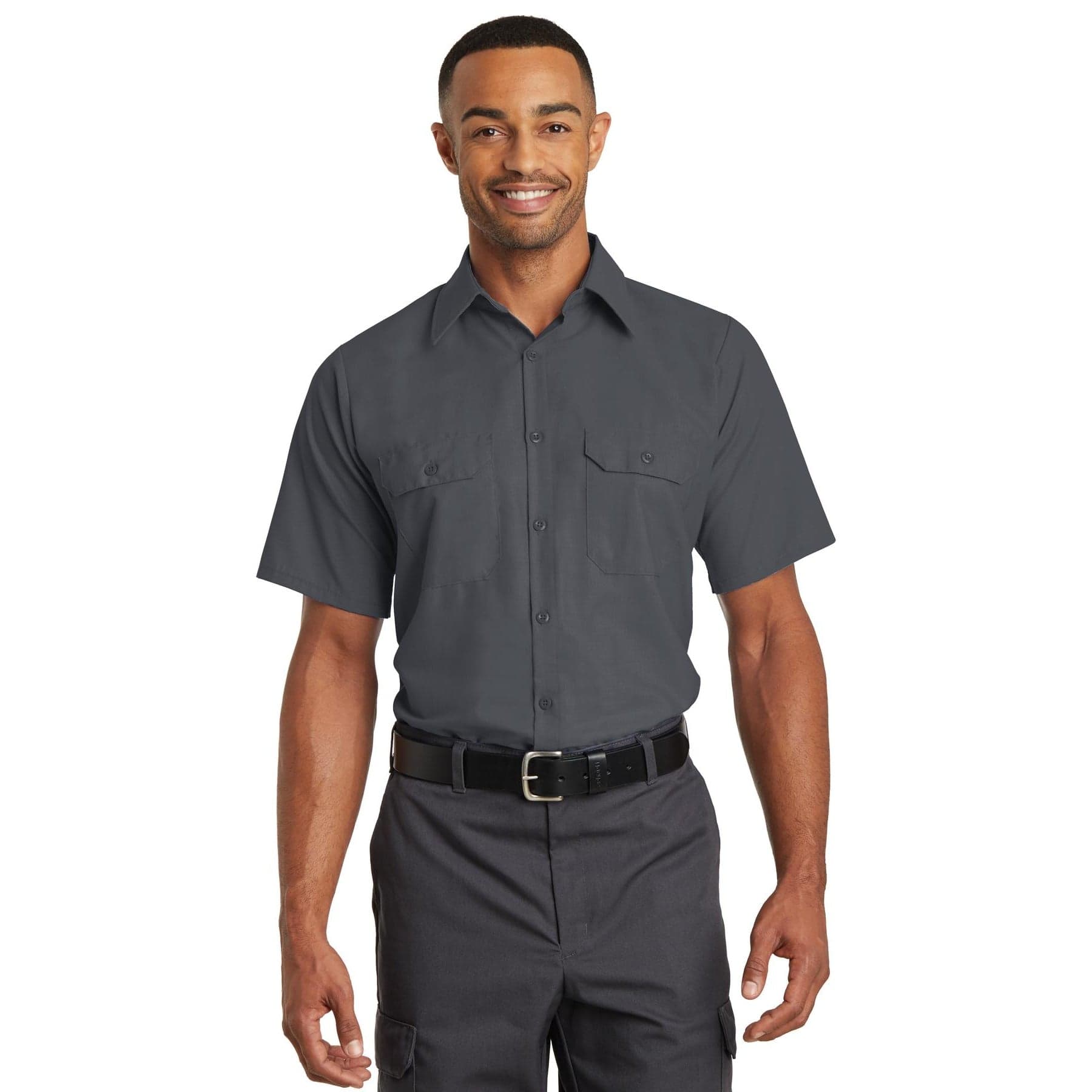 Plain charcoal short sleeve solid ripstop shirt, front view