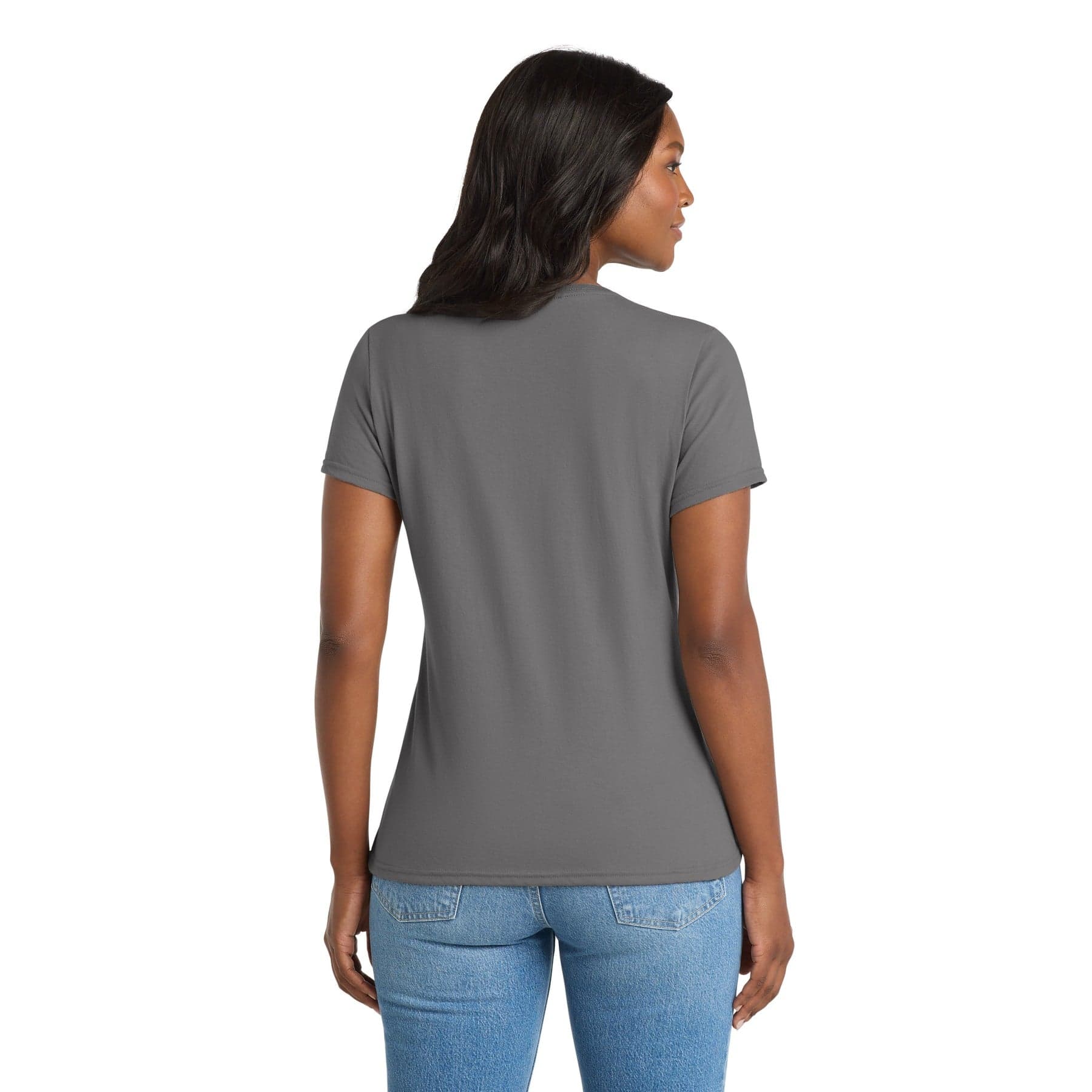 Plain charcoal women's performance blend v-neck tee, front view