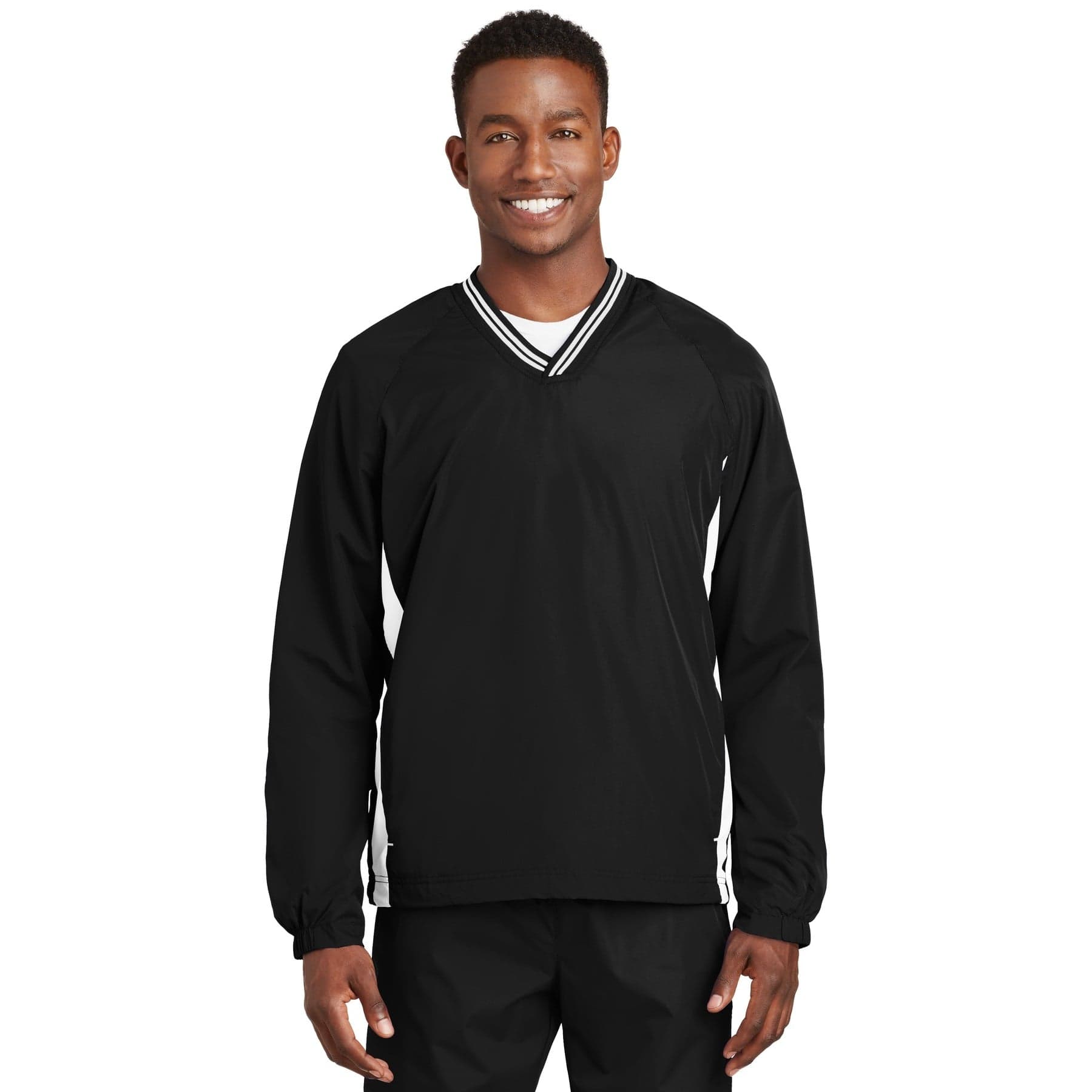Plain black/ graphite tipped v-neck raglan wind shirt, front view