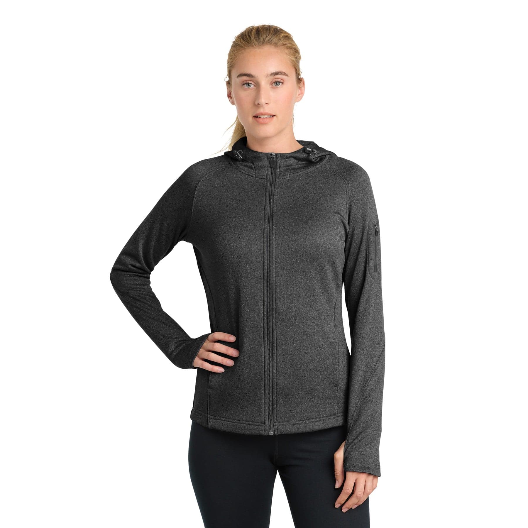 Plain black women's tech fleece full-zip hooded jacket, front view