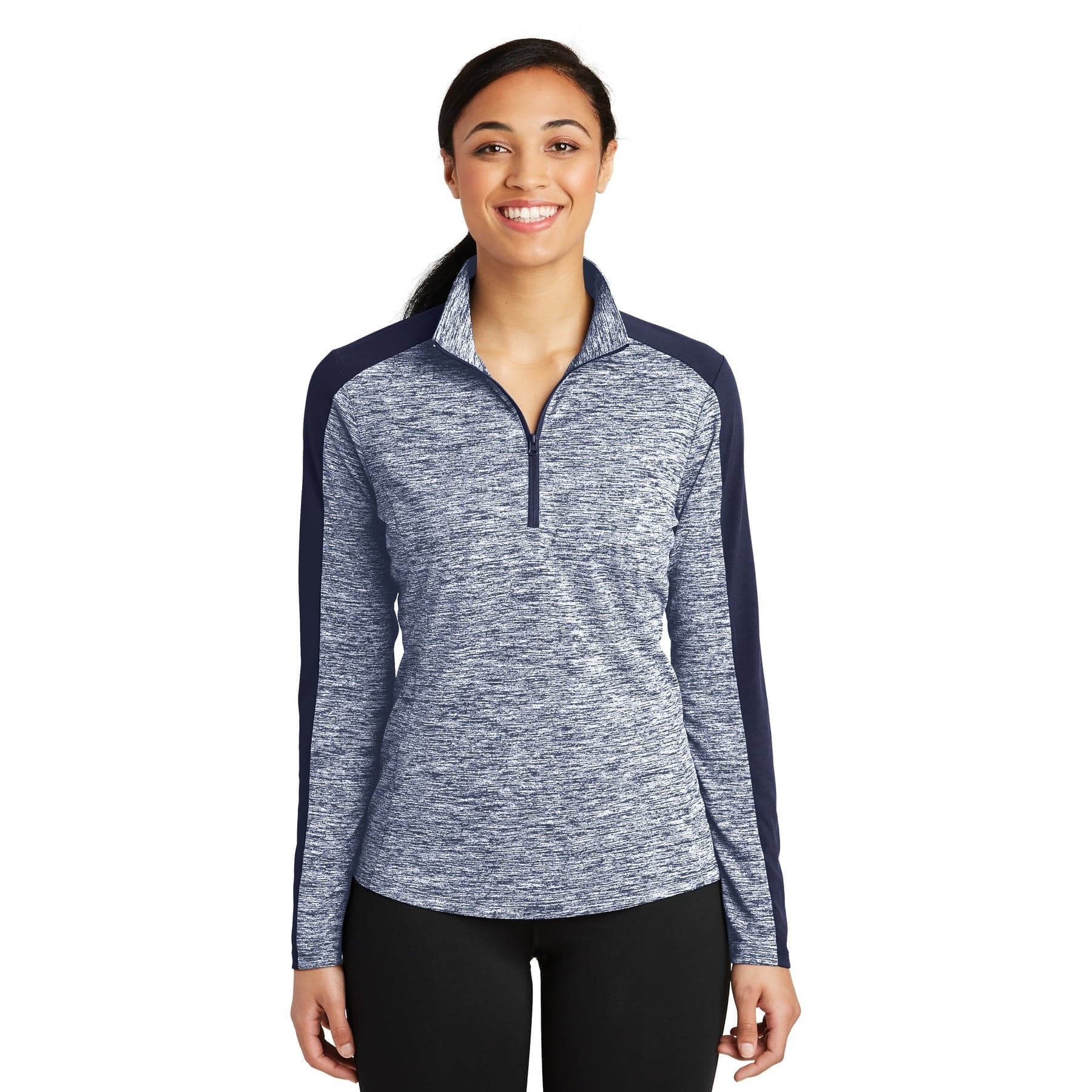 Plain black electric/ black women's posicharge electric heather colorblock 1/4-zip pullover, front view
