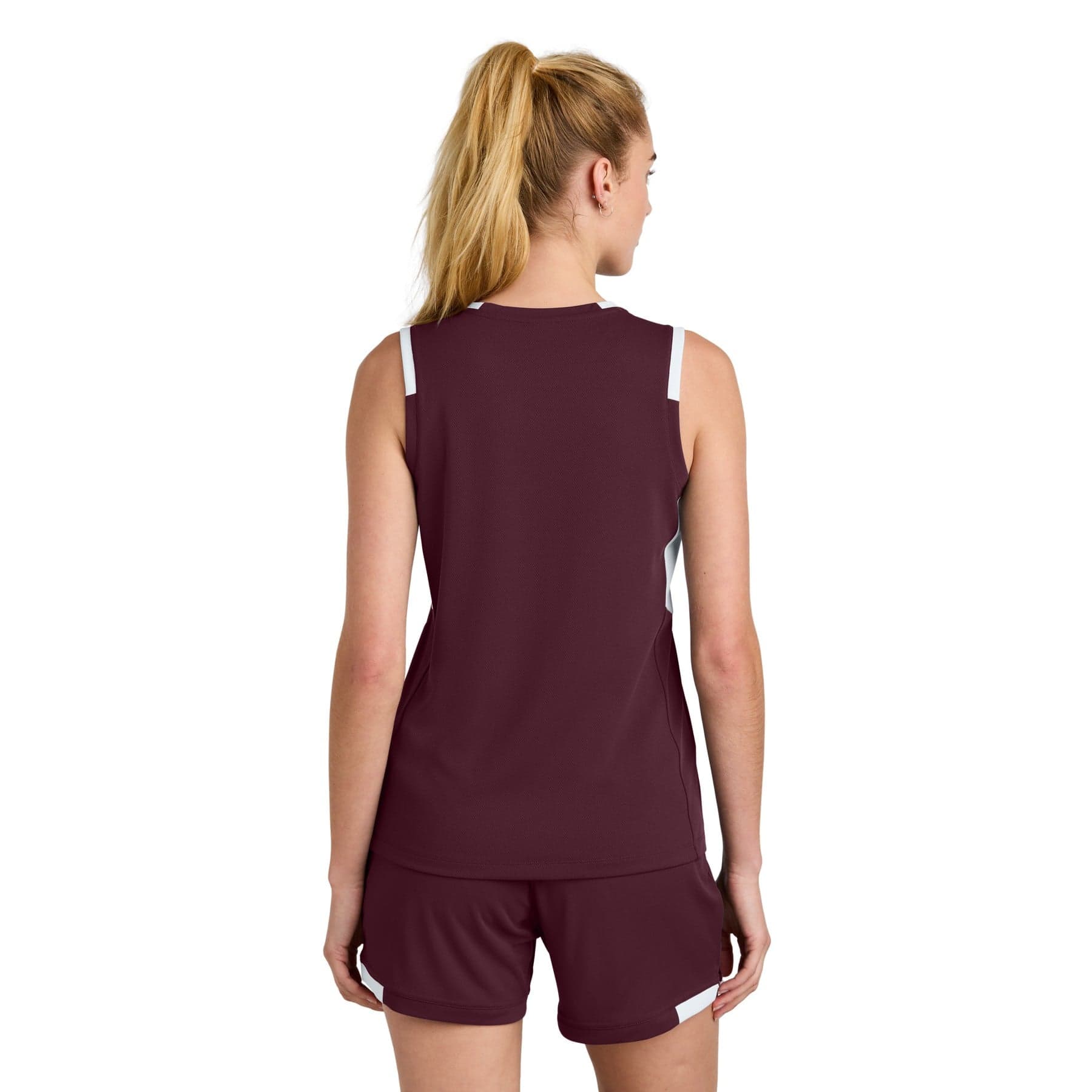 Plain maroon/ white women's club sleeveless v-neck, front view