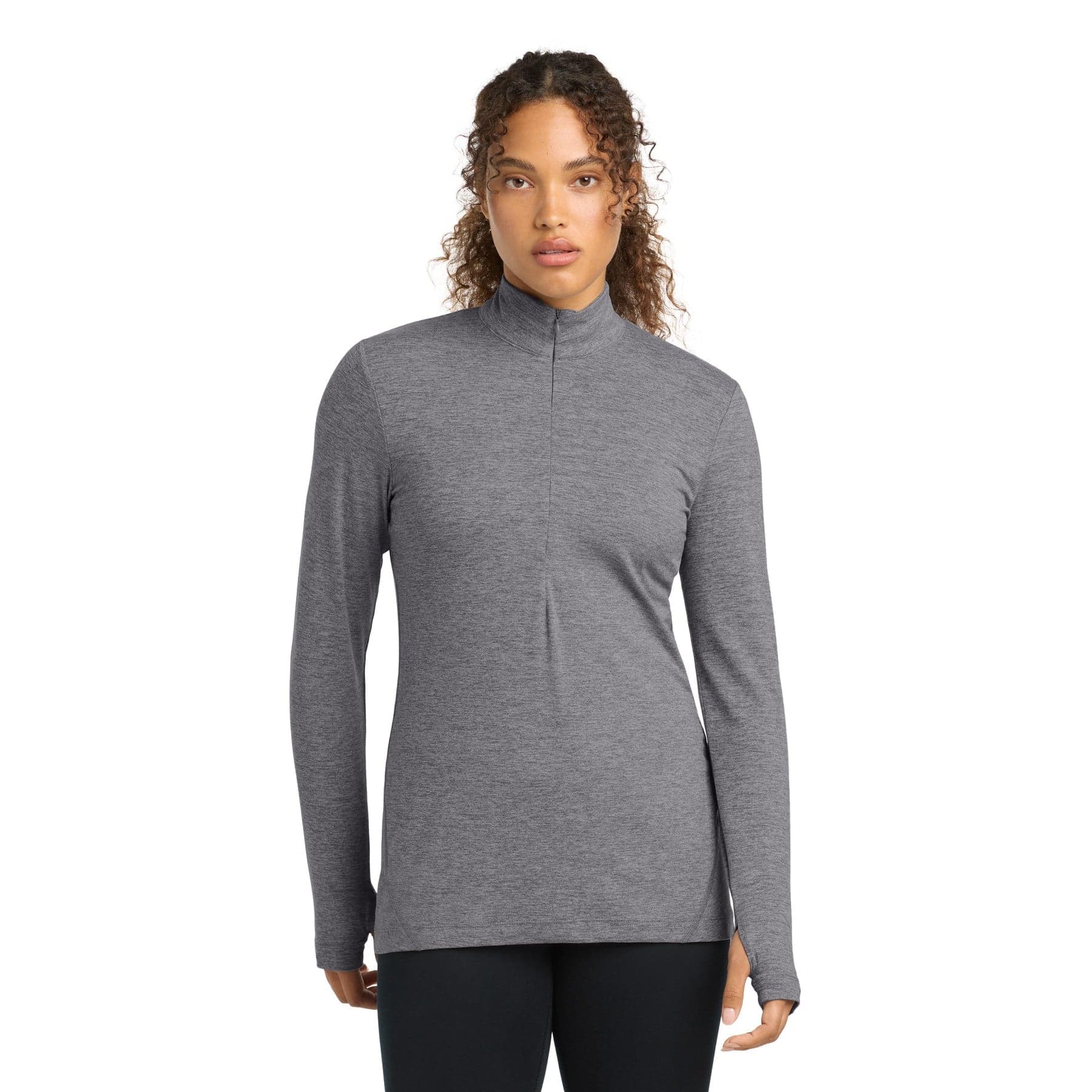 Plain graphite heather women's exchange 1.5 long sleeve 1/2-zip, front view