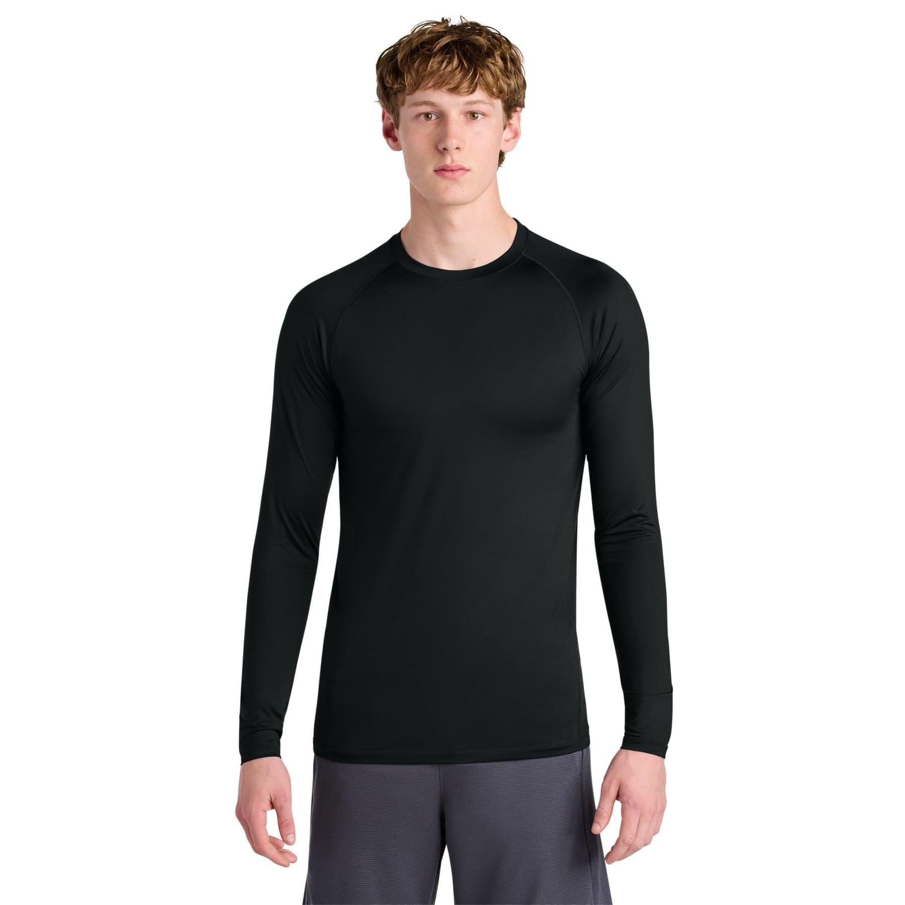 Plain black posicharge compression long sleeve tee, front view