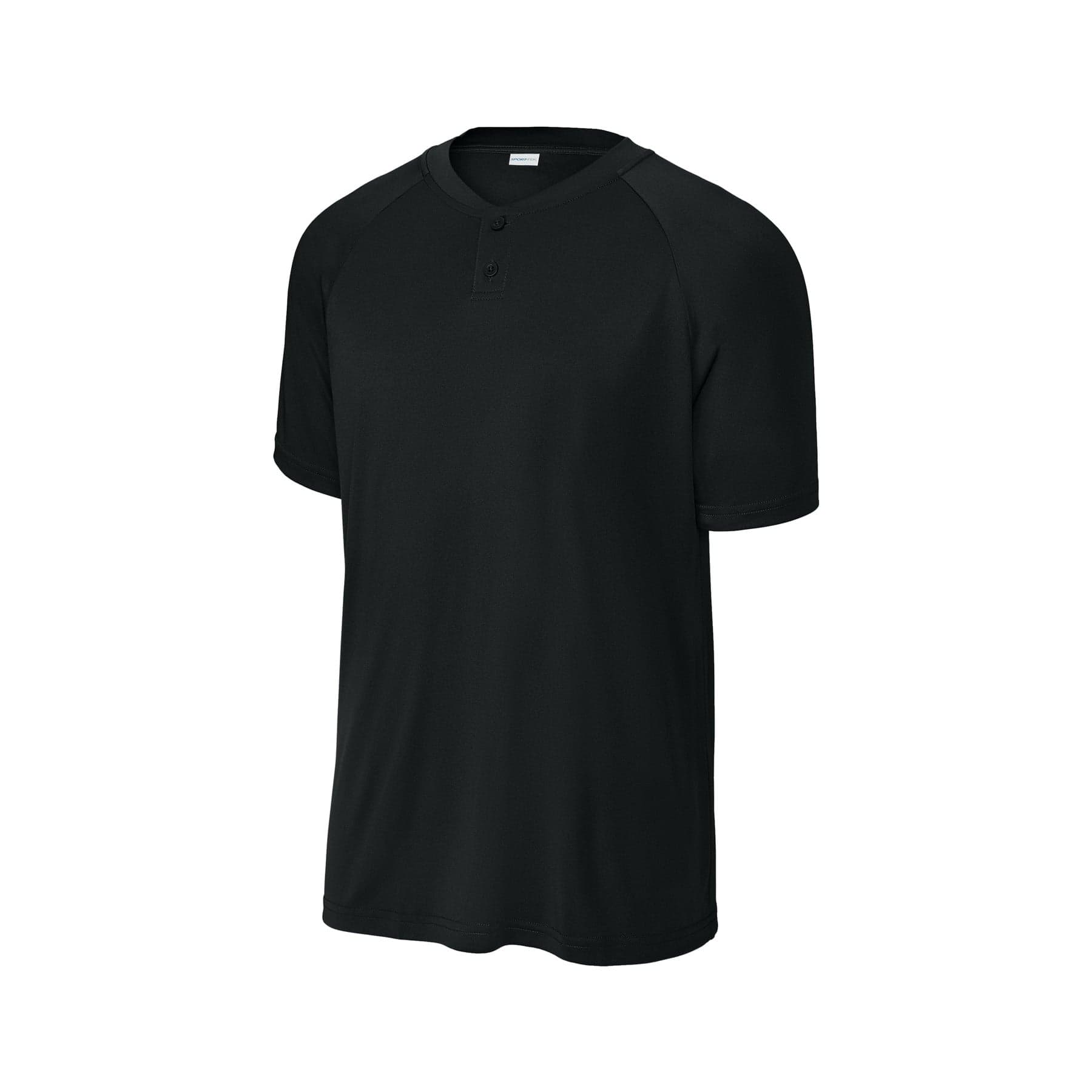 Plain black posicharge competitor 2-button henley, front view