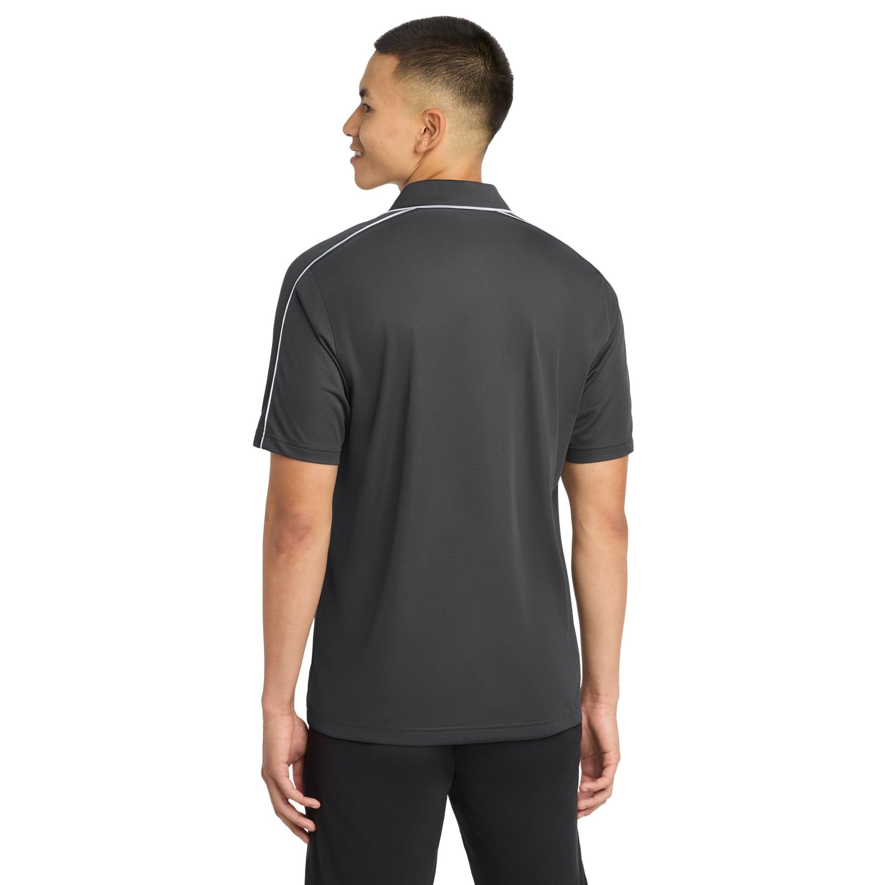 Plain iron grey/ white micropique sport-wick piped polo, front view