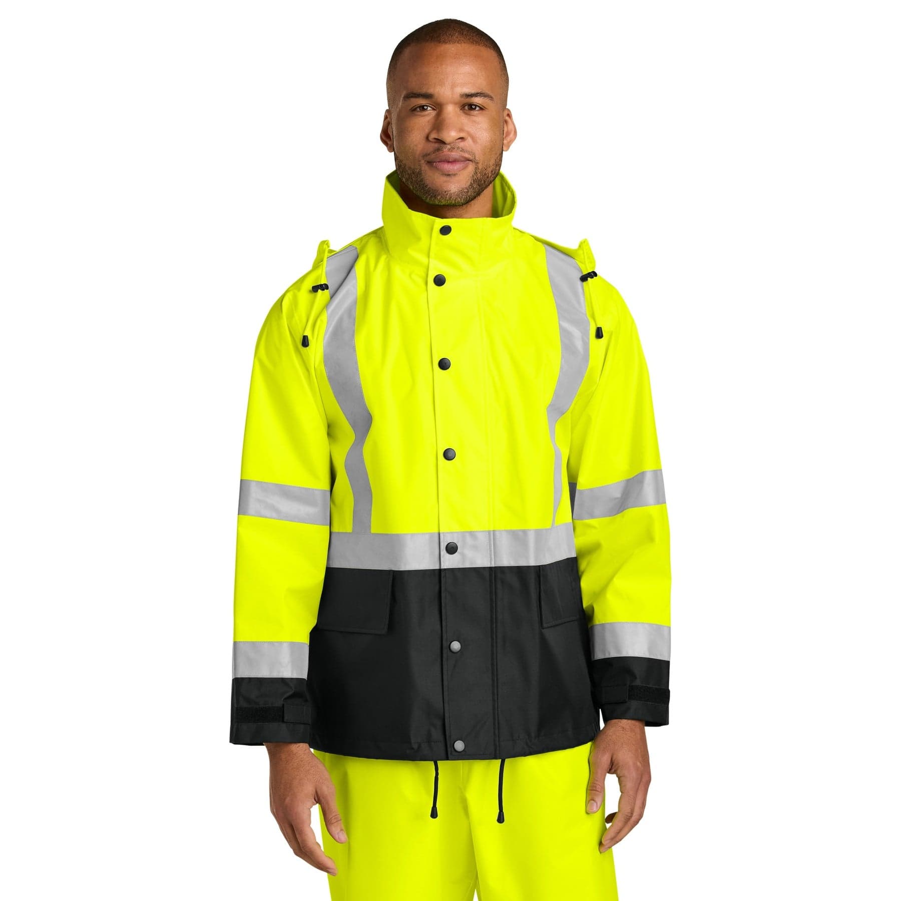 Plain safety yellow/ black ansi 107 class 3 rain jacket, front view