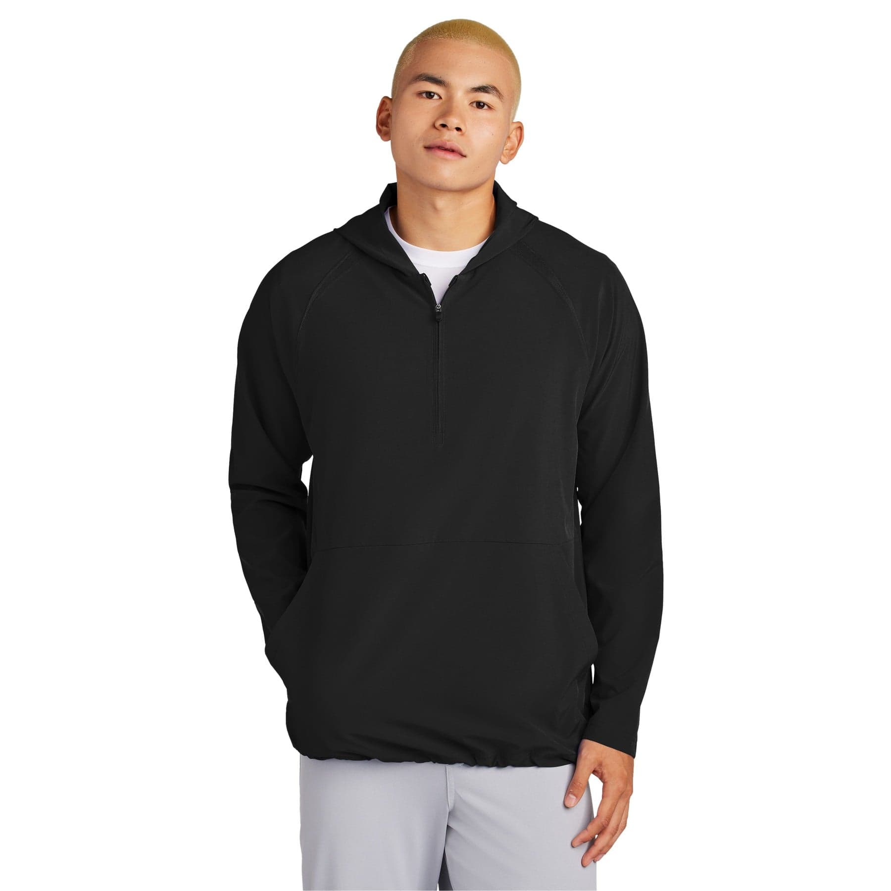 Repeat 1/2-Zip Long Sleeve Hooded Jacket — Black — product photo