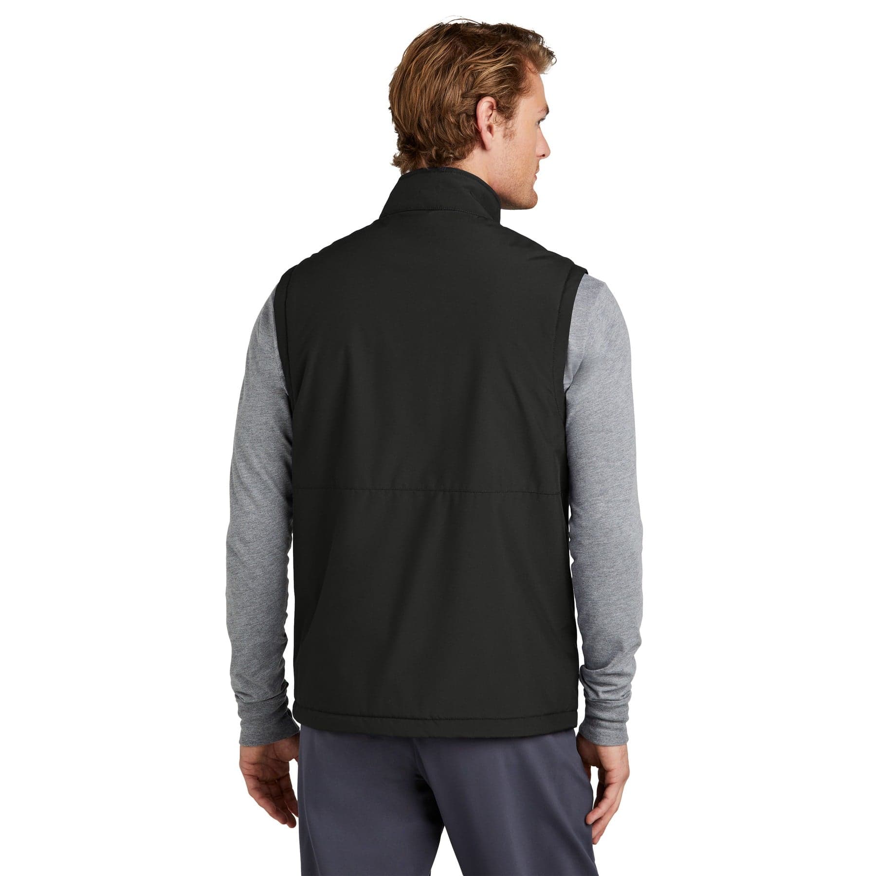 Plain black insulated vest, front view