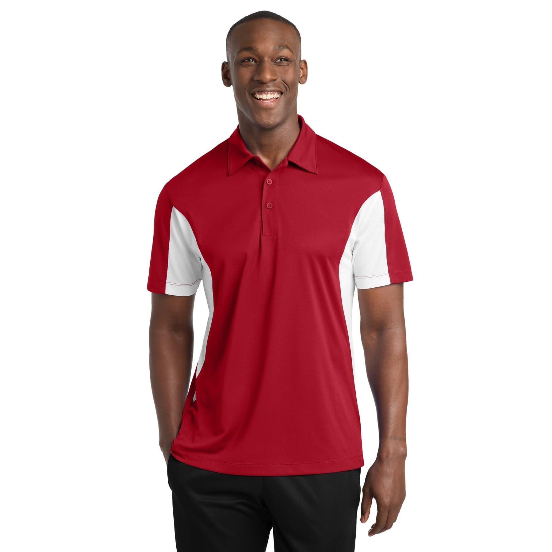 Plain true red/ white tall side blocked micropique sport-wick polo, front view