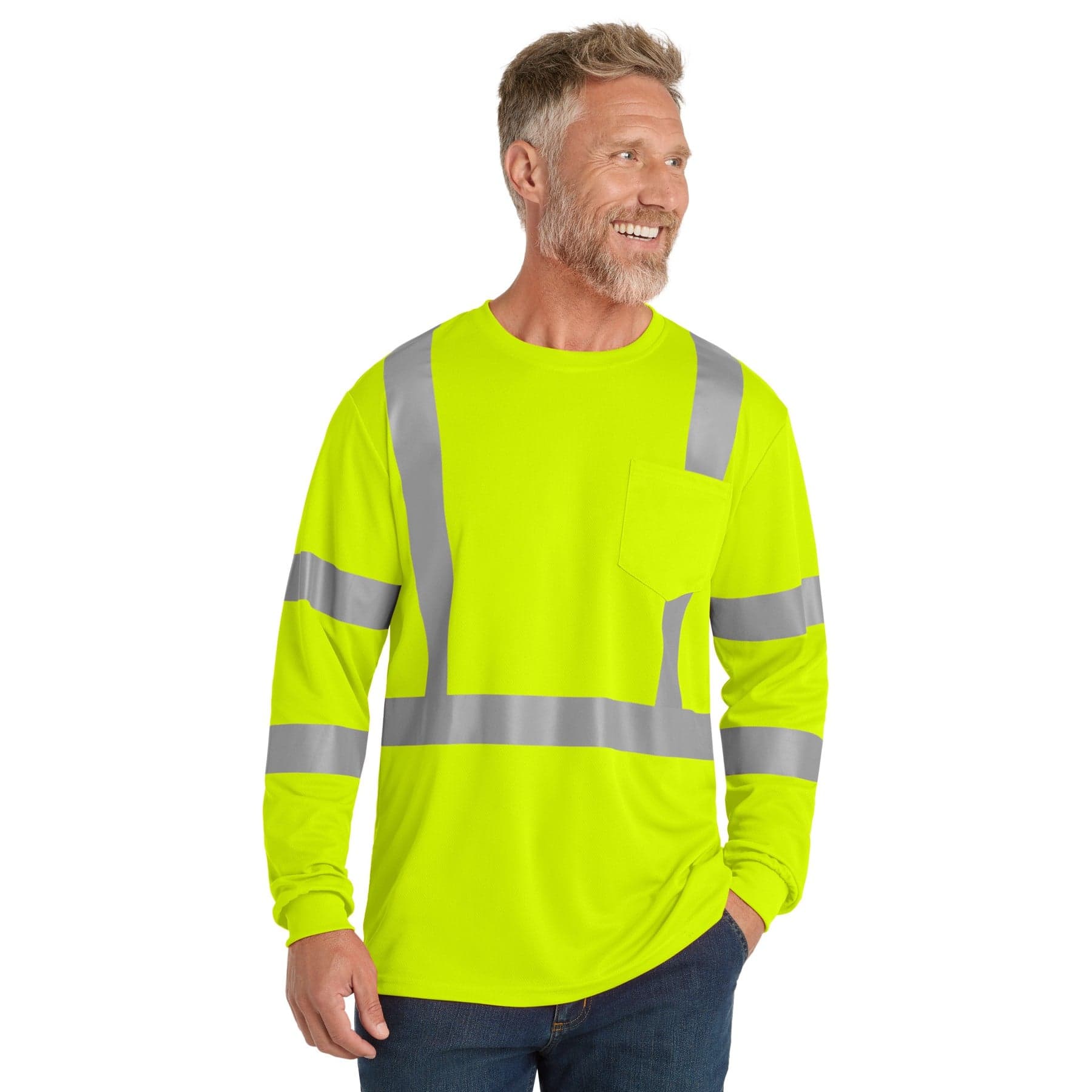 Plain safety yellow ansi 107 class 3 mesh long sleeve tee, front view