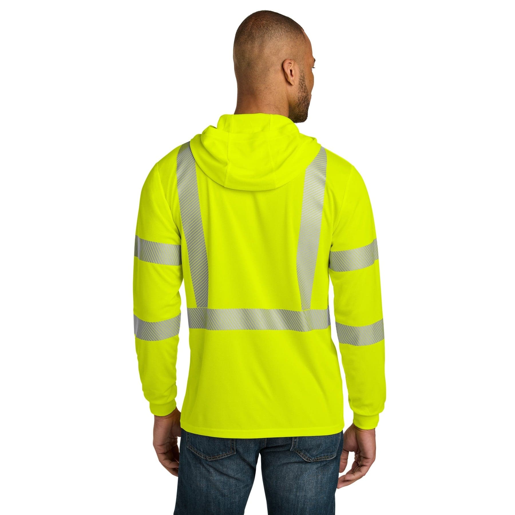 Plain safety yellow ansi 107 class 3 long sleeve segmented tape hooded tee, front view