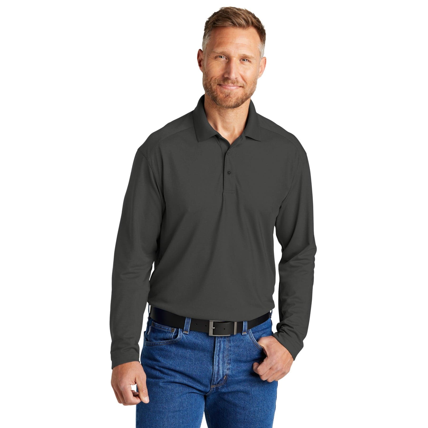 Plain charcoal select lightweight snag-proof long sleeve polo, front view