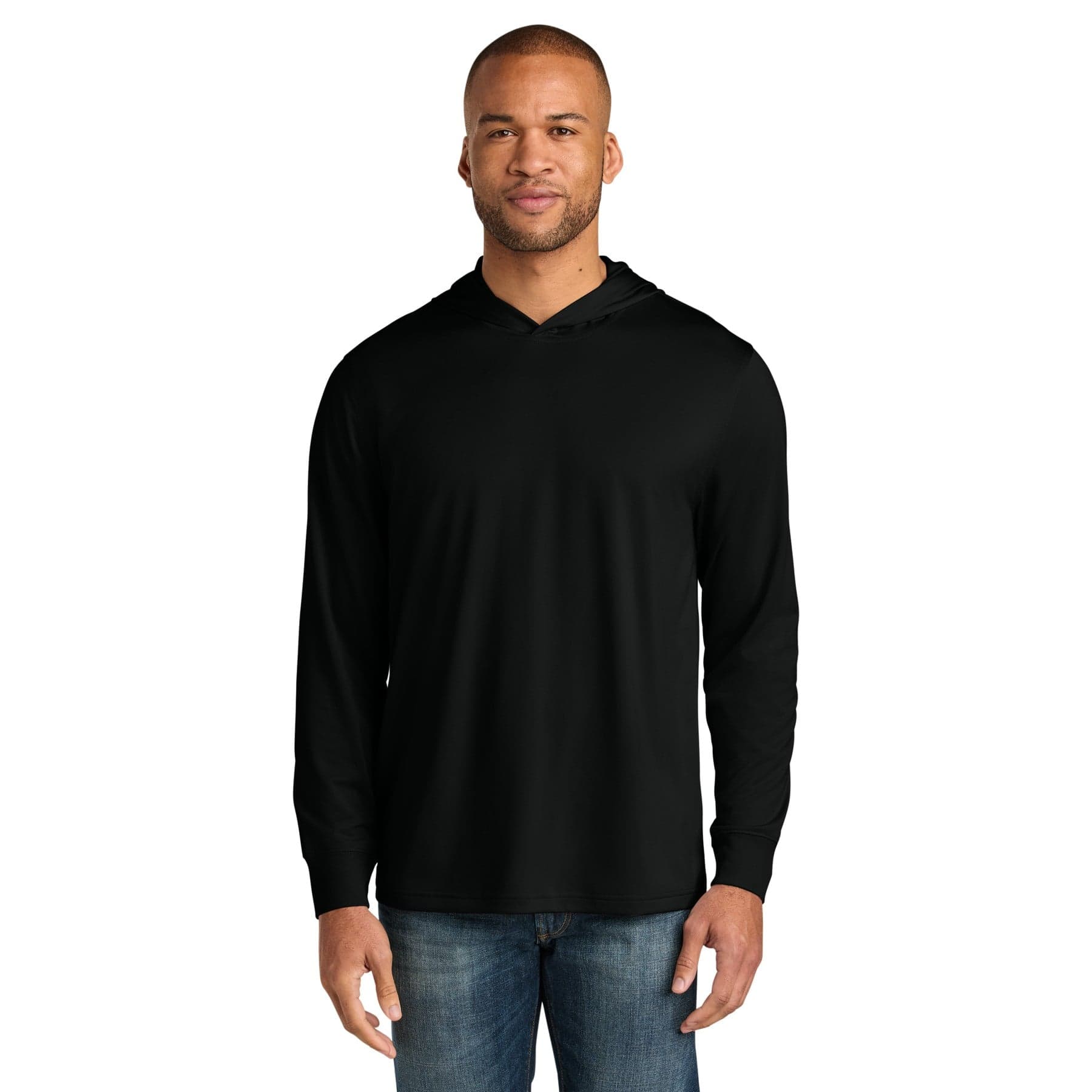 Plain black workwear pro long sleeve hooded tee, front view