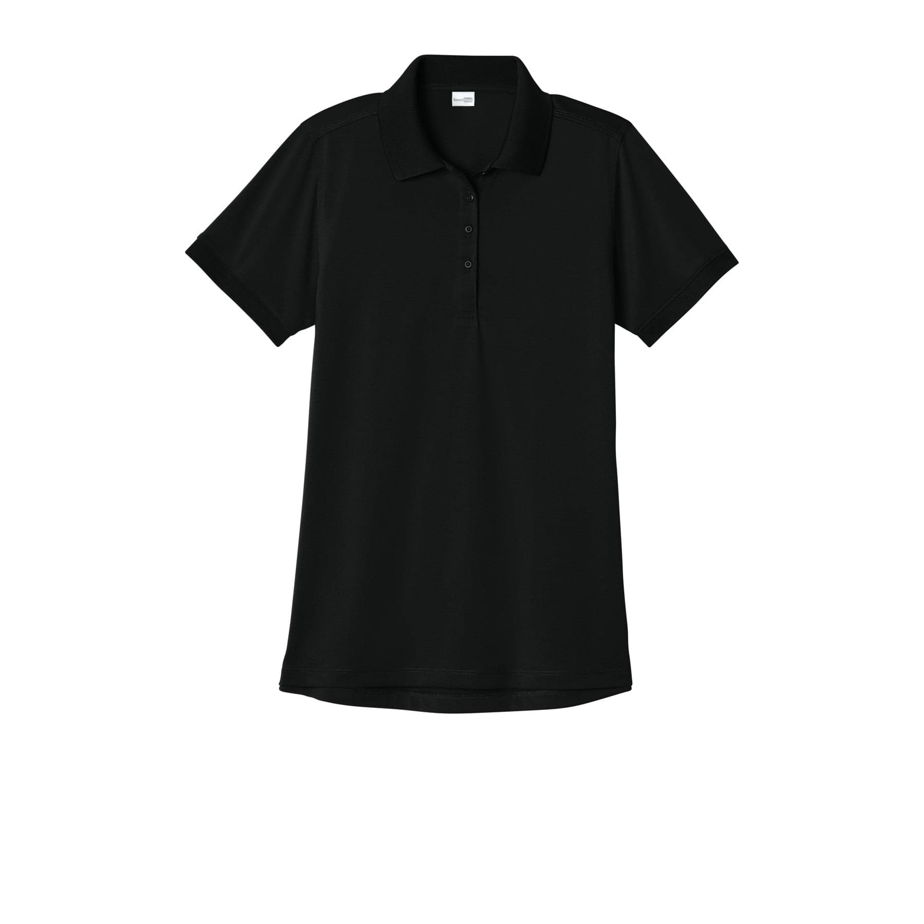 Plain black women's workwear pro polo, front view