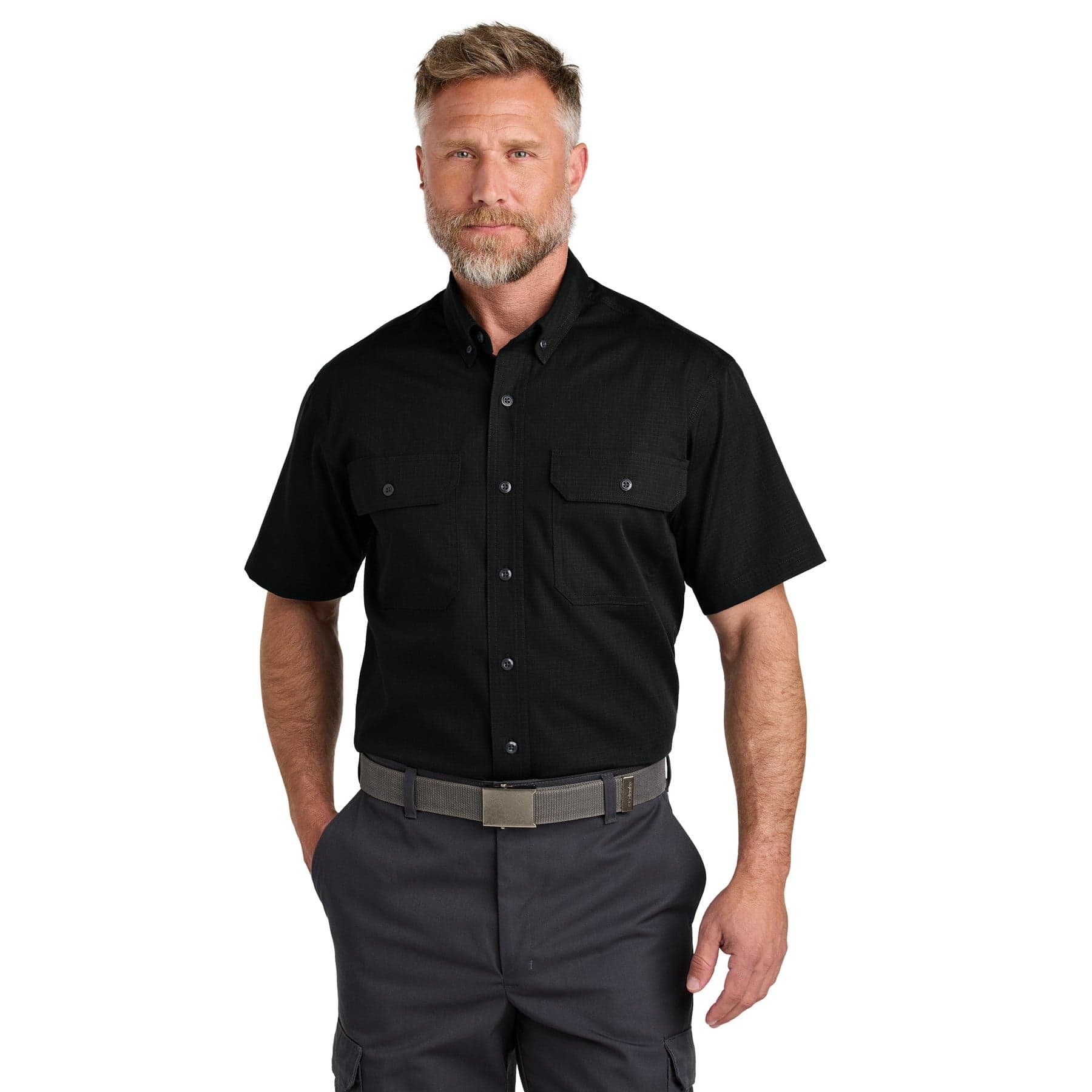Plain black short sleeve select ripstop shirt, front view