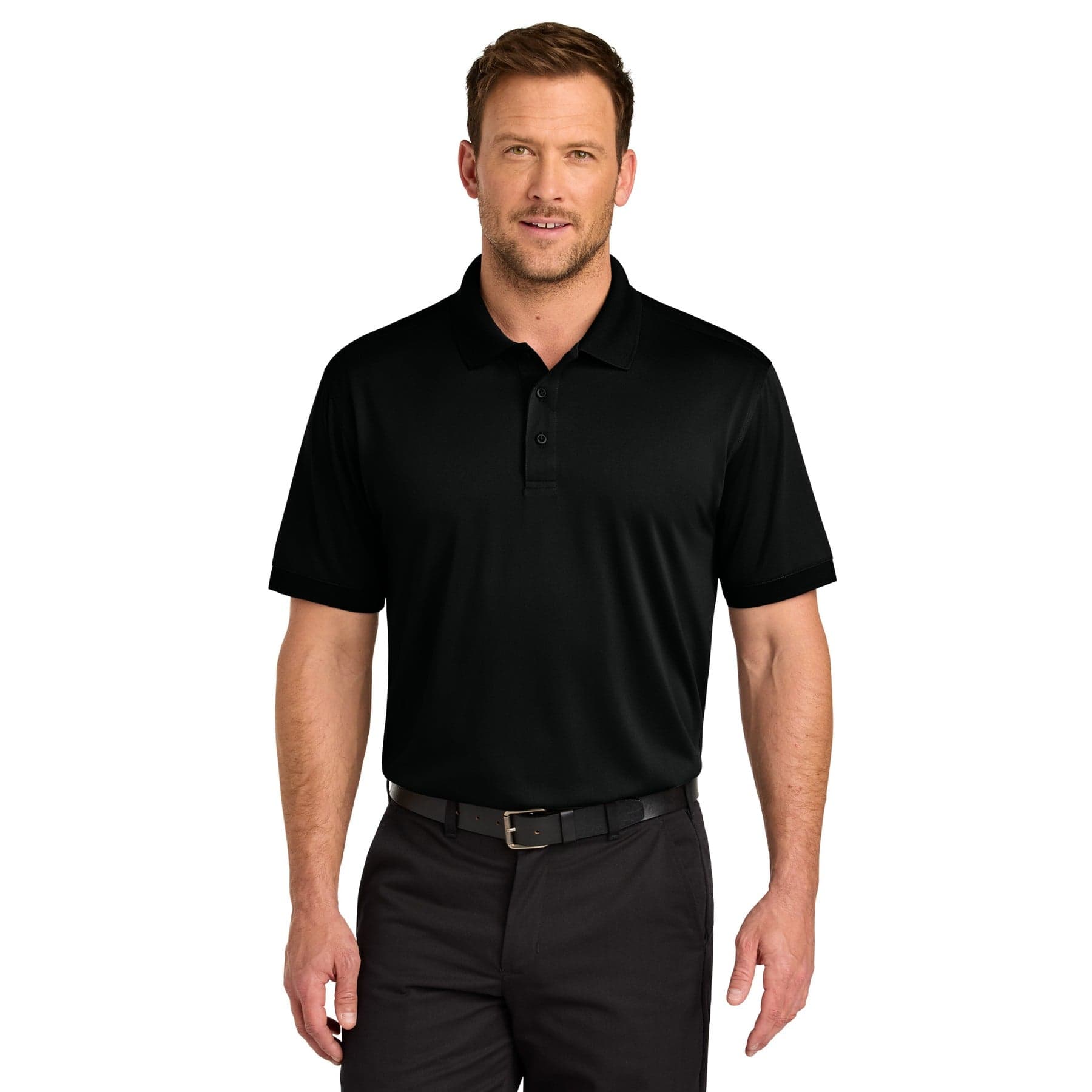 Plain black tall workwear pro polo, front view