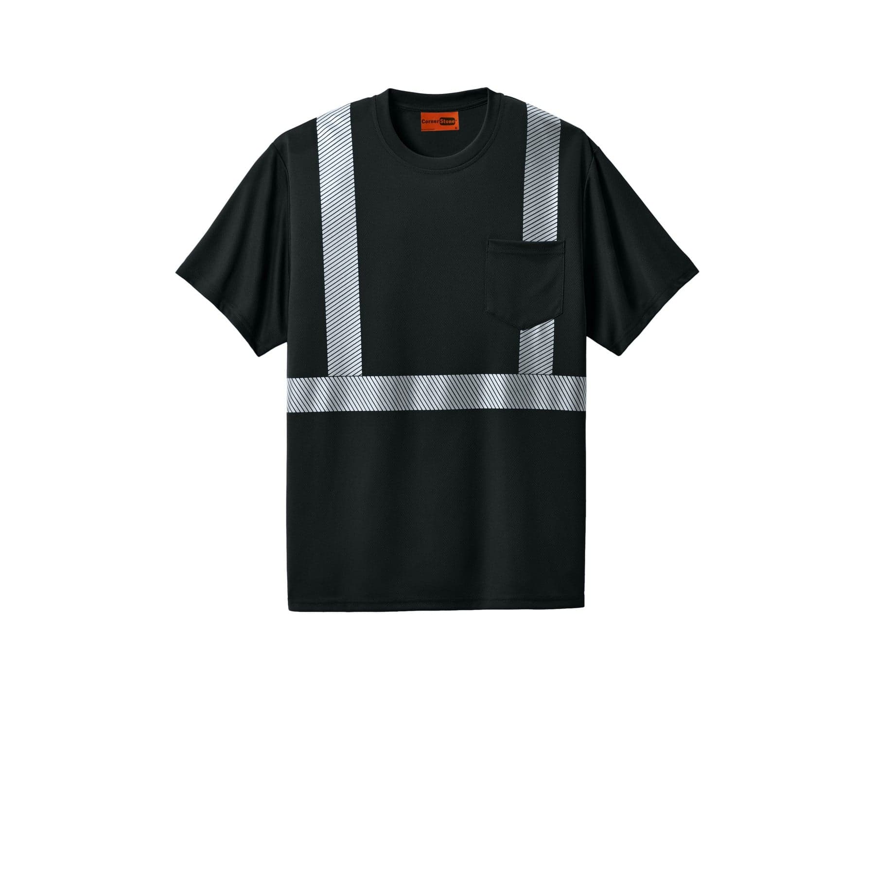 Plain black enhanced visibility segmented tape tee, front view