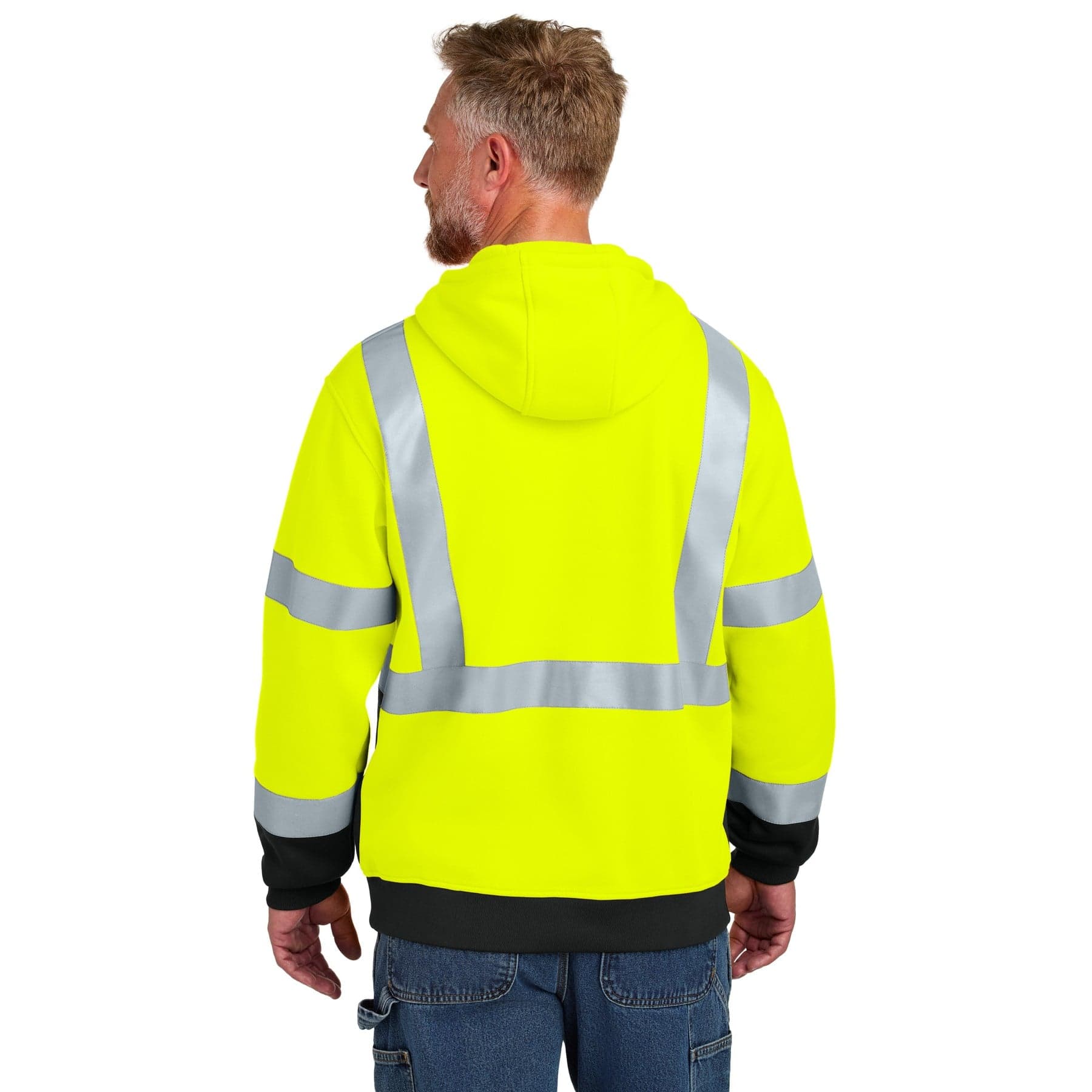 Plain safety yellow ansi 107 class 3 heavy-duty fleece pullover hoodie, front view