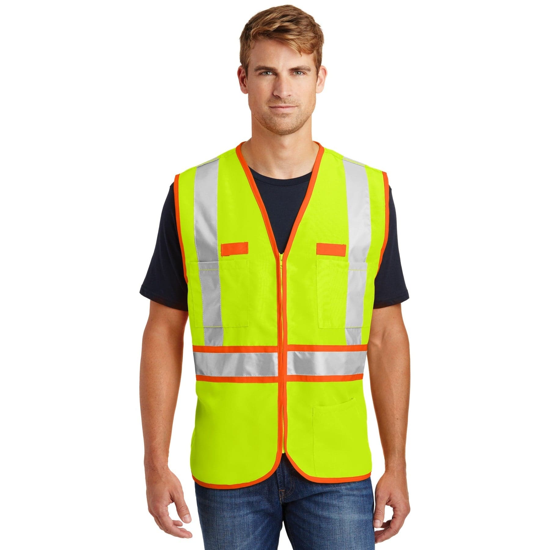 Plain safety yellow/ safety orange ansi 107 class 2 dual-color safety vest, front view