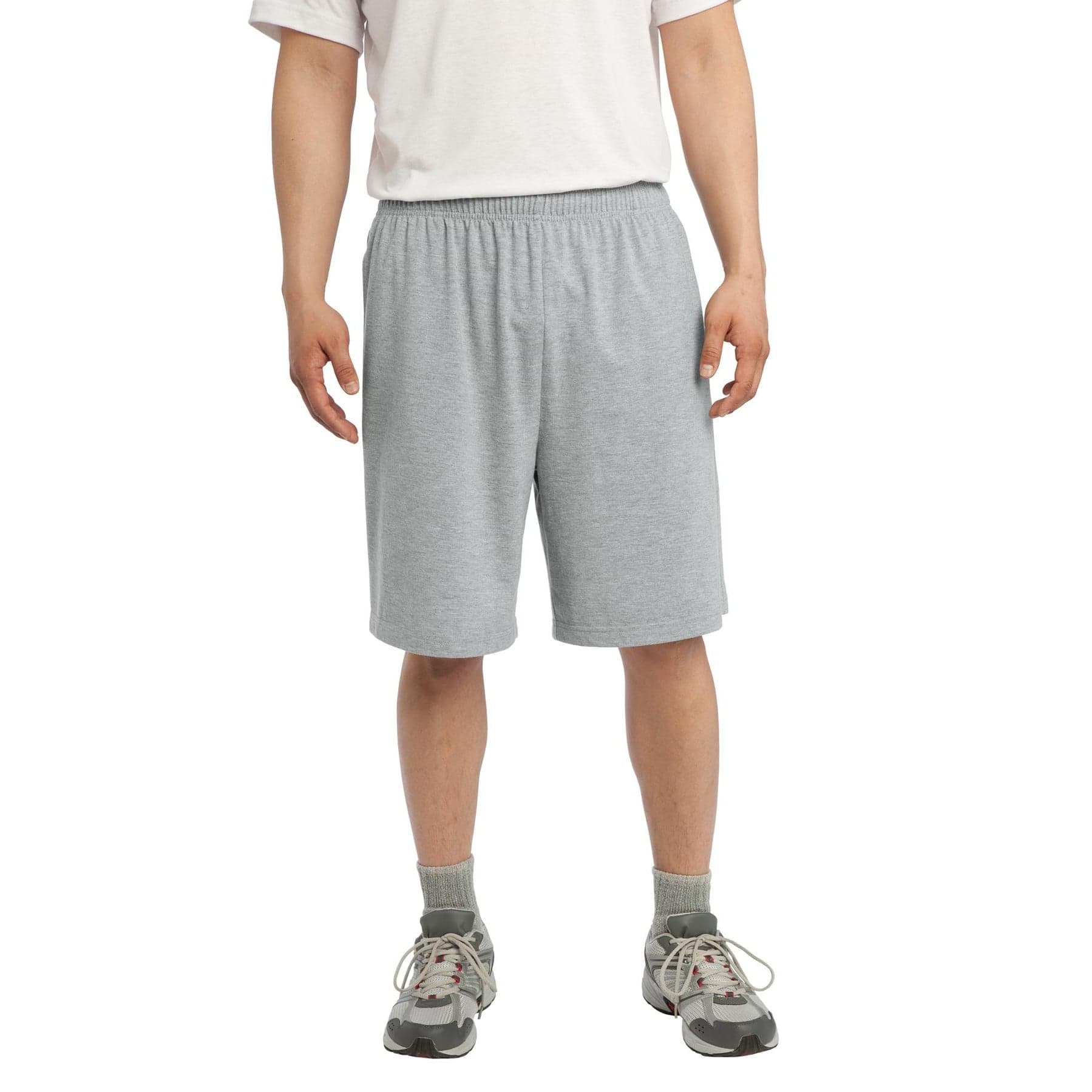 Plain heather grey jersey knit short with pockets, front view