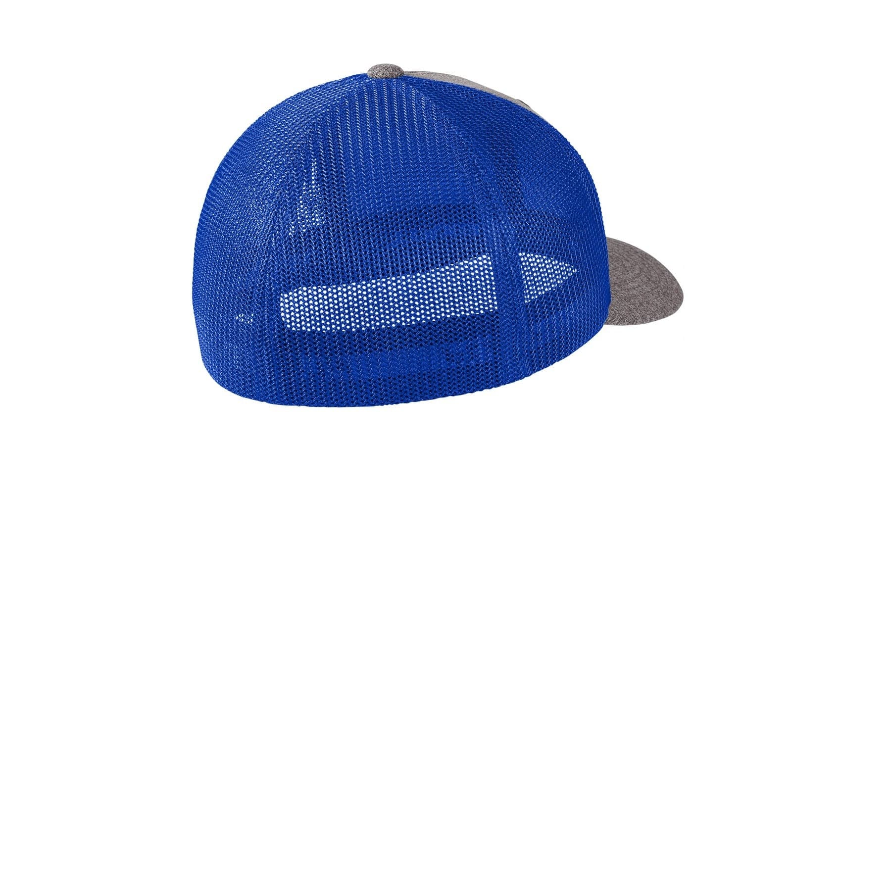 Plain true navy/ grey heather flexfit melange mesh back trucker cap, front view